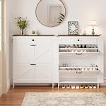 IRONCK Shoe Storage Cabinet with 2 Flip Drawers & Barn Door Design, Freestanding Shoe Cabinet Organizer with Drawer and Shelves for Entryway, Farmhouse Shoe Rack Cabinet, White/Walnut