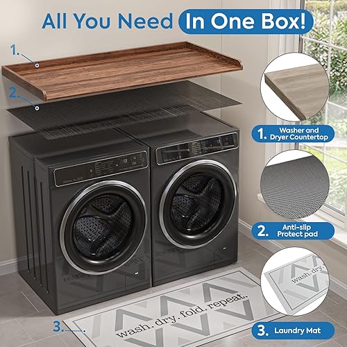 Vista 2 de Encimera de lavadora y secadora, encimera de lavadora y secadora de 27.5 x 54 pulgadas con almohadilla antideslizante, decoración grande de Nogal