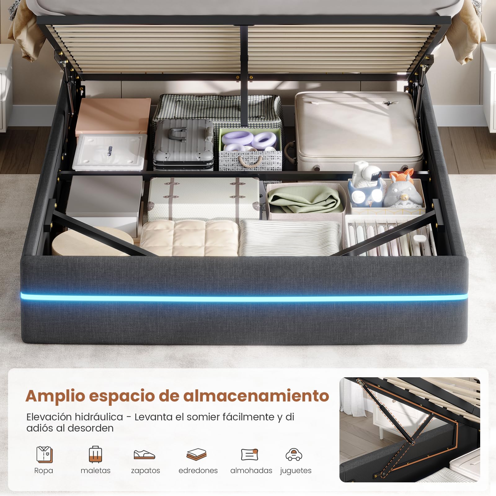 AOGLLATI Cama Matrimonio 140x190 con Almacenamiento Hidráulico, Cama Tapizada con LED y Estación de Carga, Estructura Cama con Cabecero Tapizado, Cama Doble con Canapé de Gran Capacidad, Gris Oscuro