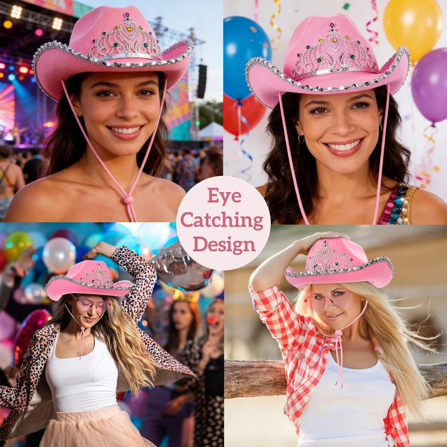 2 Pack Pink Cowgirl Hat with 2 Pcs Heart Glasses, Pink Sequin Cowboy Princess Hat with Crown Tiara Design, Halloween Western Women Costume Accessories, Fun Party Hats and Goggles for Adults - Image 7