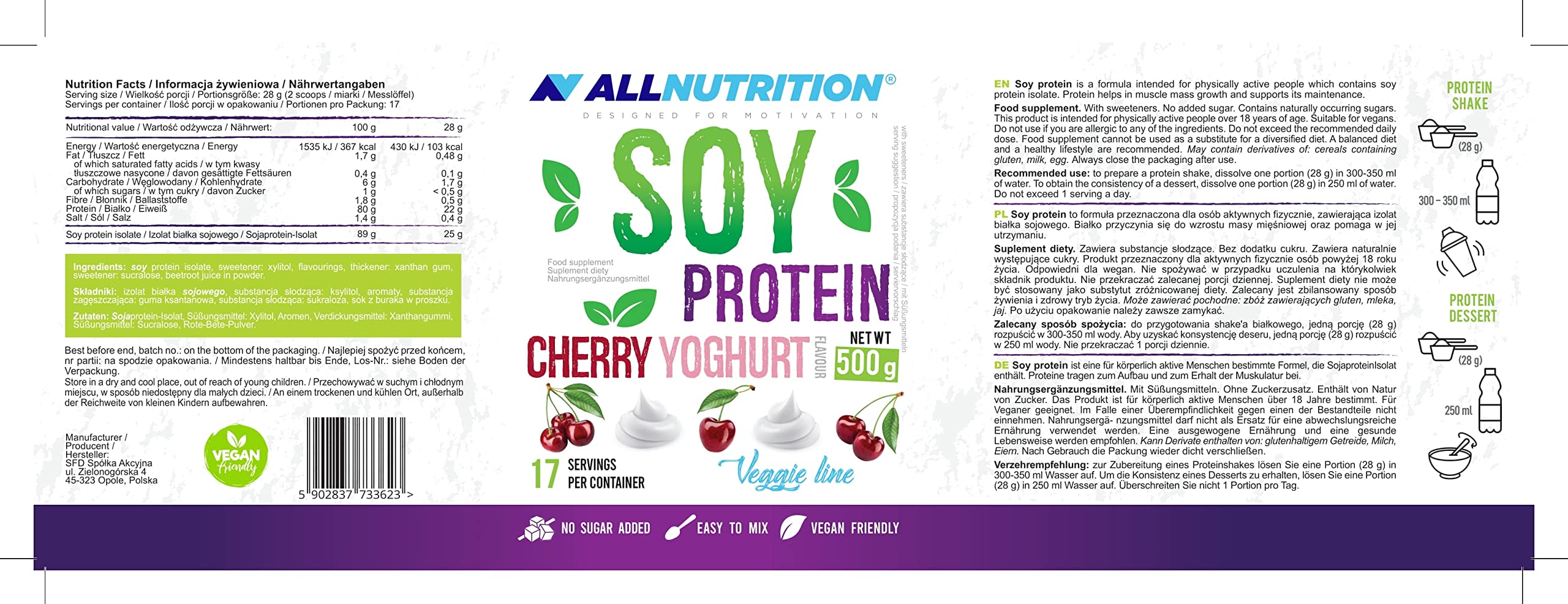 Allnutrition Soy Protein, Cherry Yoghurt - 500 g