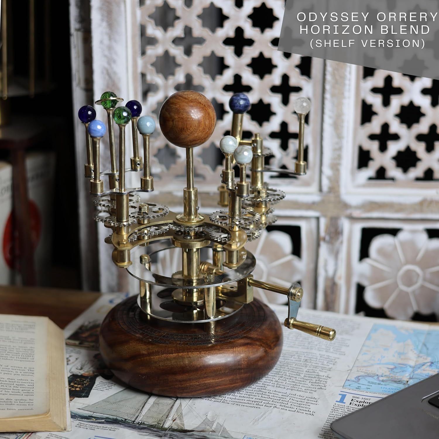 Luxury Orrery – Brass Solar System Model with Golden and Silver Finish, Functional Art Piece for Bookshelves and Home Decor