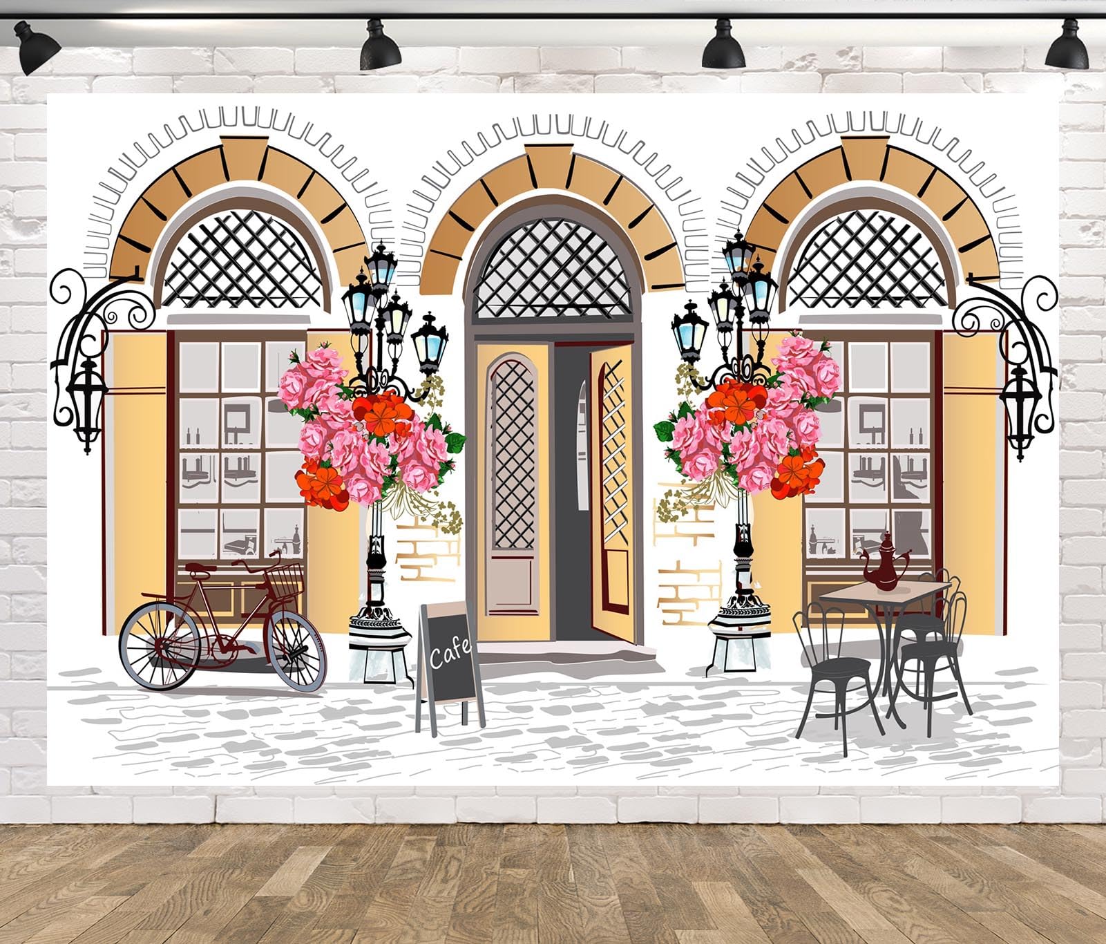 CORFOTO Street Cafe Shop Backdrop 7x5ft Fabric French Retro Coffee Old Town Photography Backdrop Girls Women Tea Birthday Party Decorations Cake Table