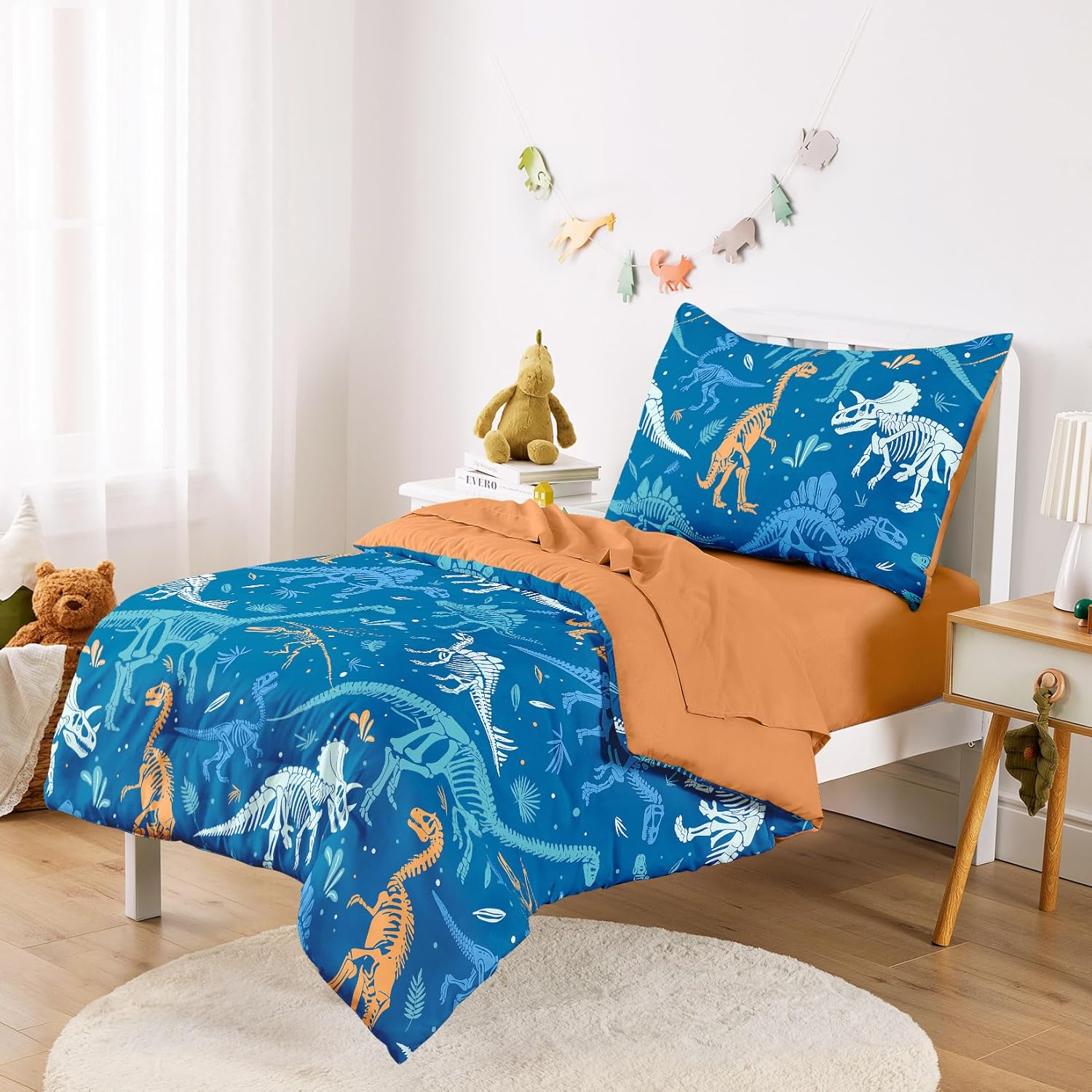 Wake In Cloud - Dinosaur Toddler Bedding Set for Boys, Colorful Dino Prehistoric Fossil, 4 Pieces Soft Crib Bed Set Including Comforter, Sheets and Pillowcase, Teal Blue