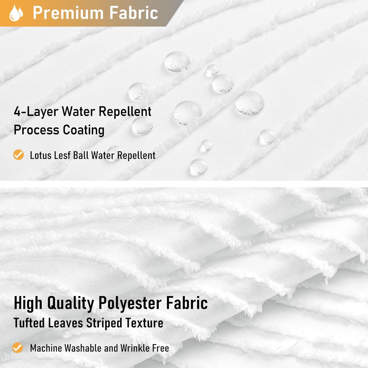 BTTN 80 Inch Long Shower Curtain - 72x80 Boho Farmhouse Tufted Leaves Textured Striped Fabric Shower Curtain Set with Plastic Hooks, Tall Country Shabby Chic Cloth Shower Curtains for Bathroom, White