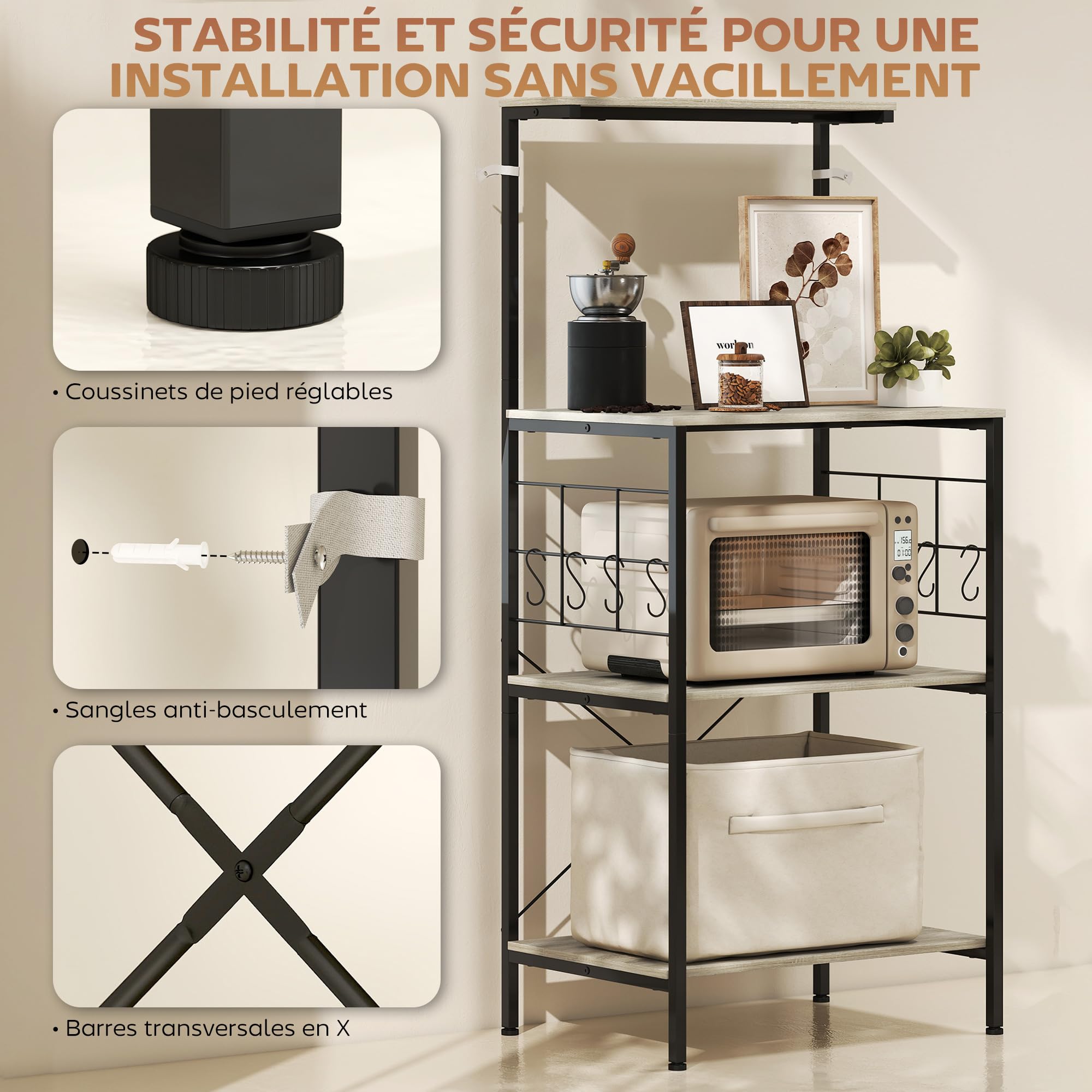 HOMCOM Étagère de cuisine Support Micro-Ondes 60 x 42 x 134,5 cm Chêne | Étagère de Rangement, Panneau Grillagé, 8 Crochets, Station Bar à Café, pour Épices Casseroles Poêles