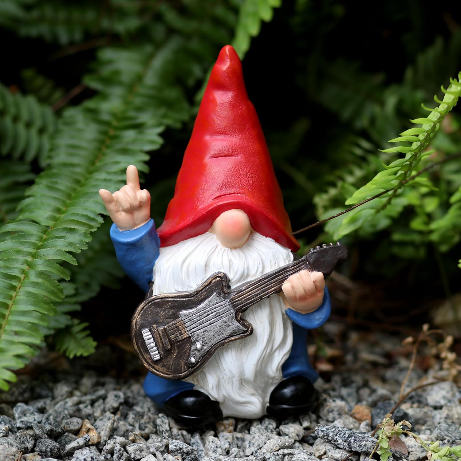 Garden Gnome with Guitar 7.1“ Figurine Ornament for Indoor Outdoor Home Patio Yard Lawn, Red Hat, Blue Outfit, Indoor Outdoor Decorative Statue - Image 3