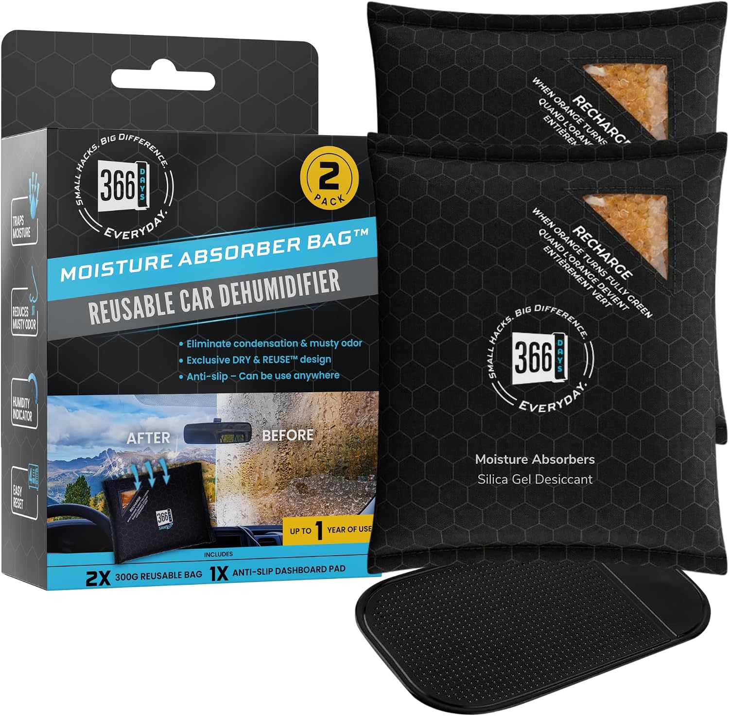 Dehumidifier & Moisture Absorber Bag – Reusable Silica Gel with Color-Changing Indicator – Eliminates Humidity & Musty Odors for Cars, RVs & Home (2)