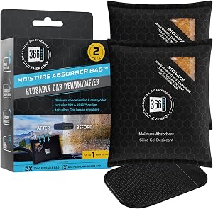 Car Dehumidifier & Moisture Absorber Bag – Reusable Silica Gel with Color-Changing Indicator – Eliminates Condensation & Musty Odors for Cars, RVs & Boats (2)