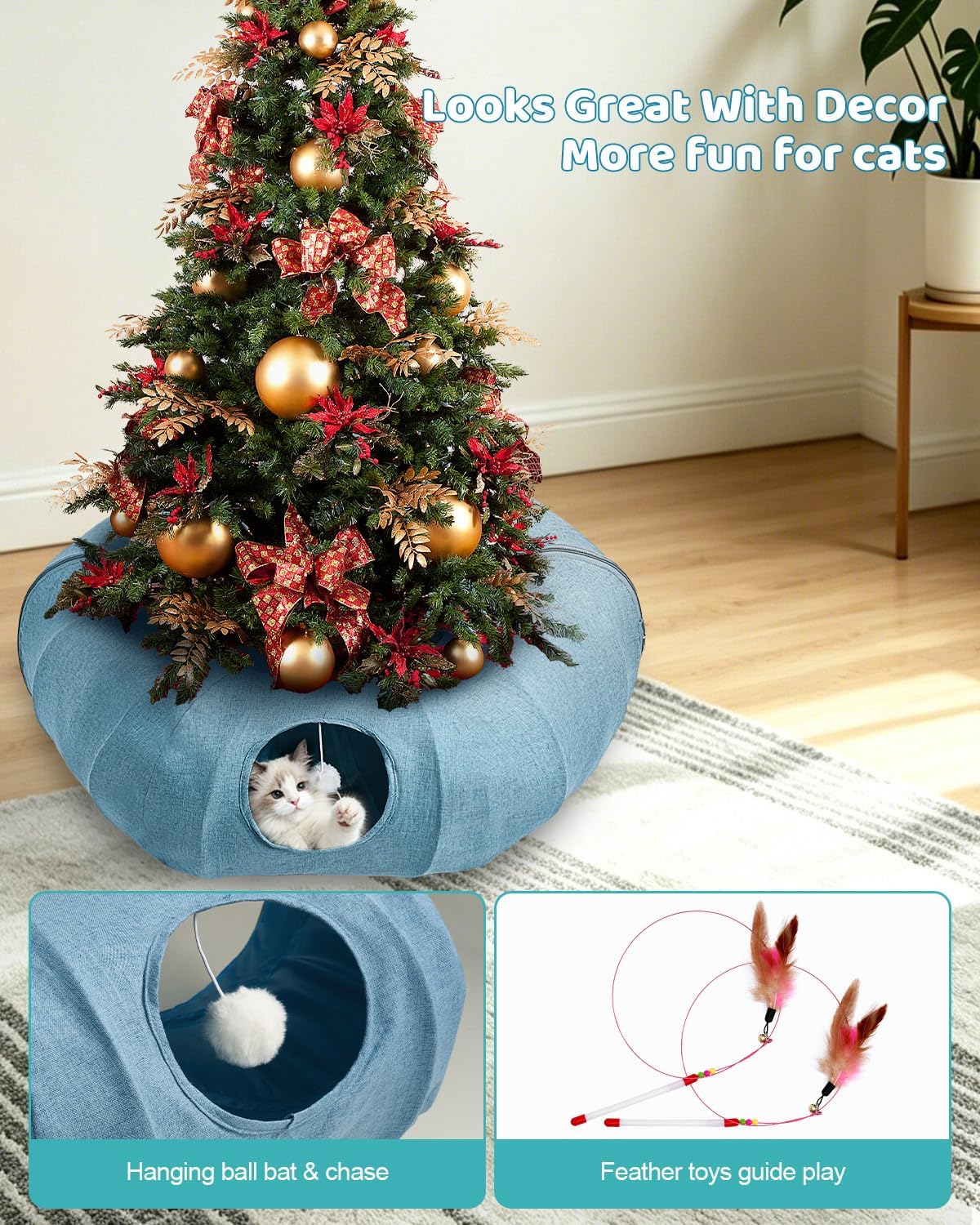 Linen Cat Tunnels with Central Cat Bed, Interactive Cat Toys Detachable Washable Soft Mat Large Indoor Play Tunnel Cave for Kittens, Cats and Small Animals
