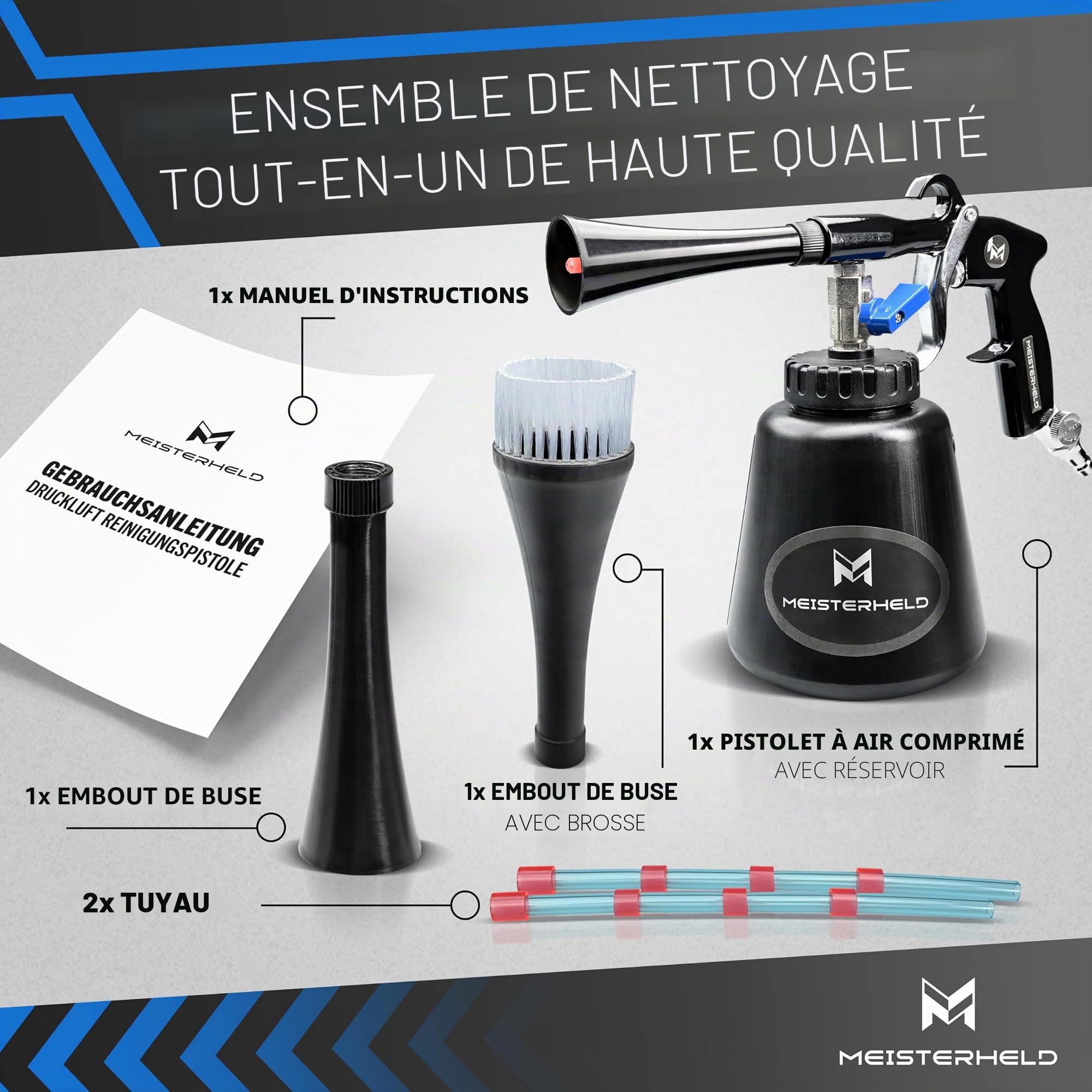 Pistolet de nettoyage à air comprimé - Nettoyeur précis à sec et humide pour voiture, tapis, etc. - Pistolet à air comprimé avec réservoir d'eau, embout brosse et valves de dosage