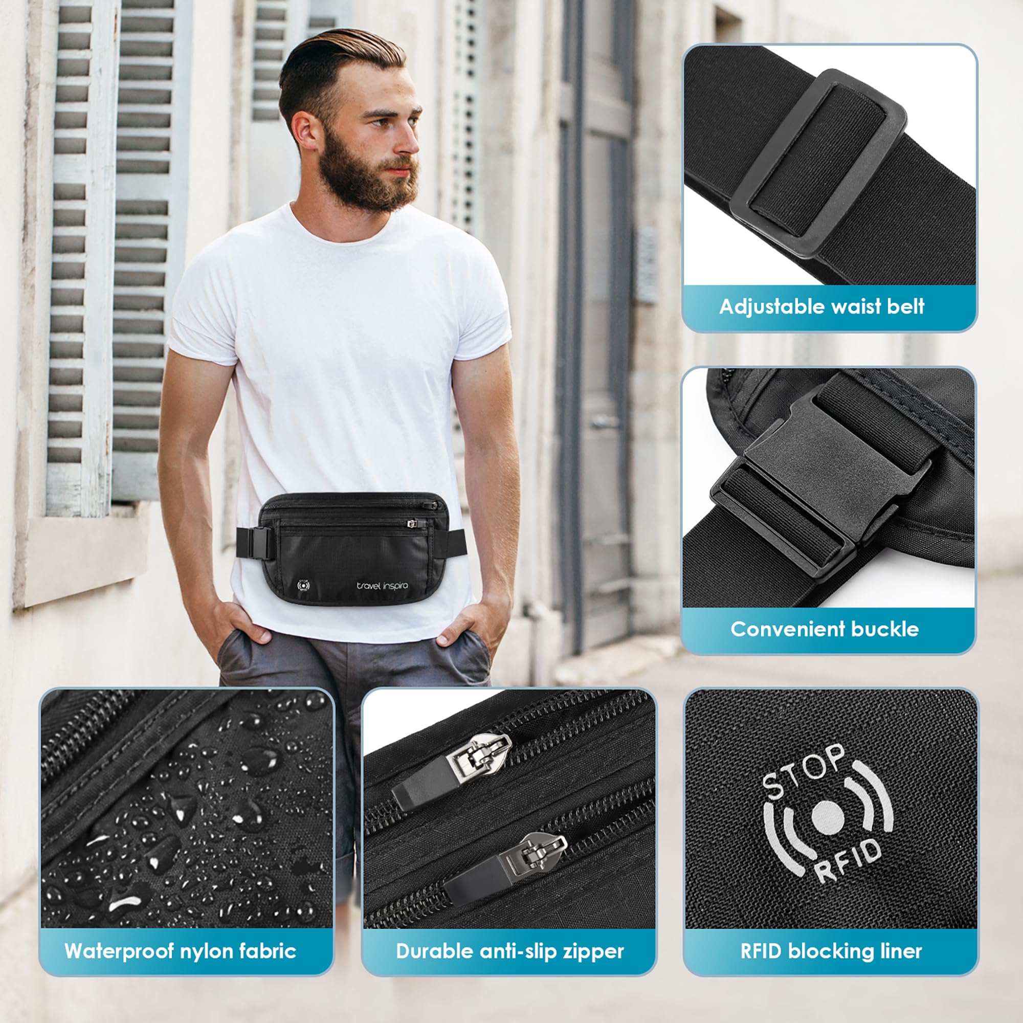 travel inspira Riñonera Antirrobo Bloqueo RFID Porta Documentos para Viaje | Cremallera Antirrobo, Ultra Fino y Invisible, Ligero, Cinturón Elástico Hasta 140 cm, con Acolchado Suave, Hidrófugo