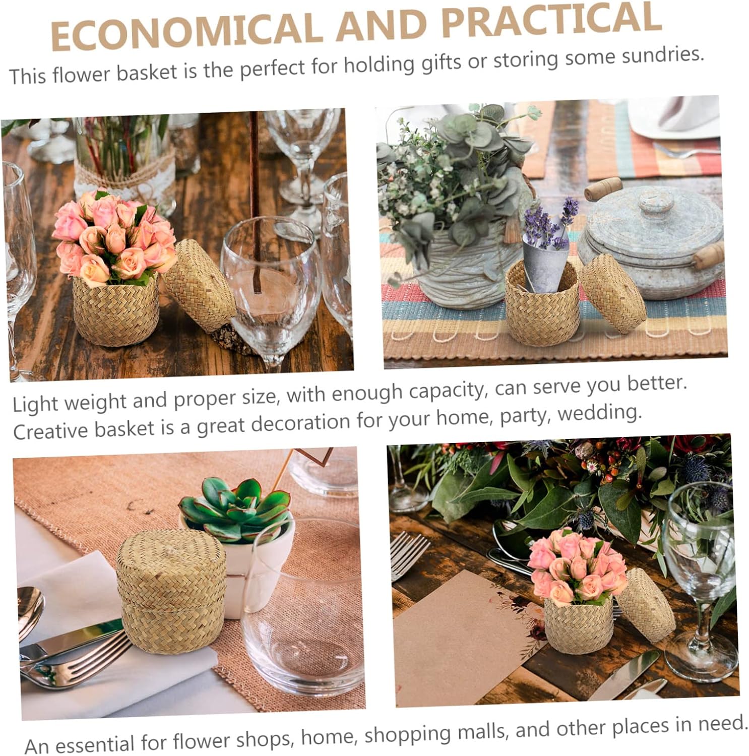 PRETYZOOM Handmade Woven Flower Basket with Lid Mini Straw Flower Basket 5.11 X 5.11 X 4.13 in Sundries Container Gift Box Storage for Home Party Wedding Decor image 4
