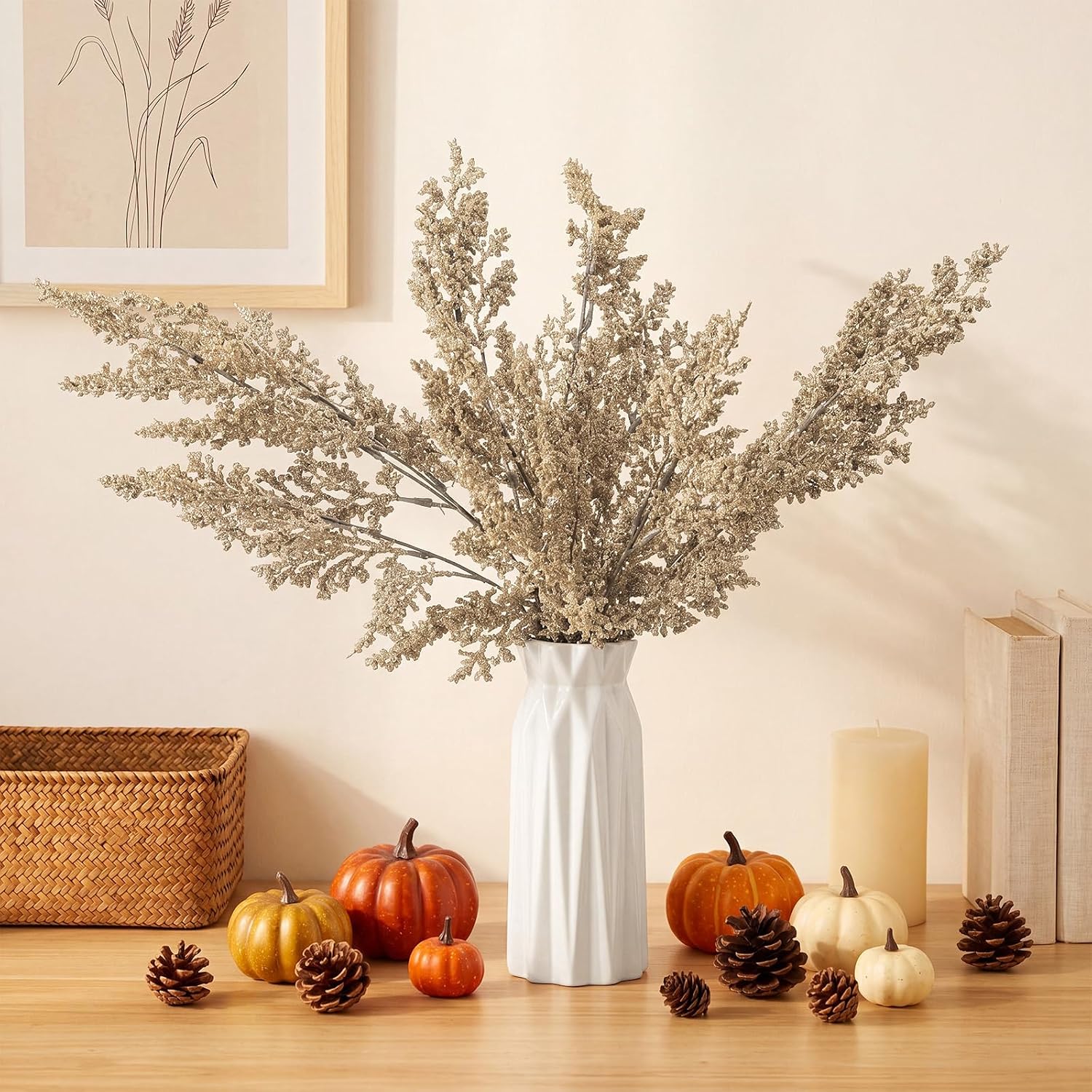 Norme 3 Pack Artificial Fall Flowers Branch 32 Inch Beige Faux Limonium Stems for Large Vase Fillers Autumn Home Decor Thanksgiving Wedding Centerpieces Floral Arrangements Indoor Farmhouse Decor