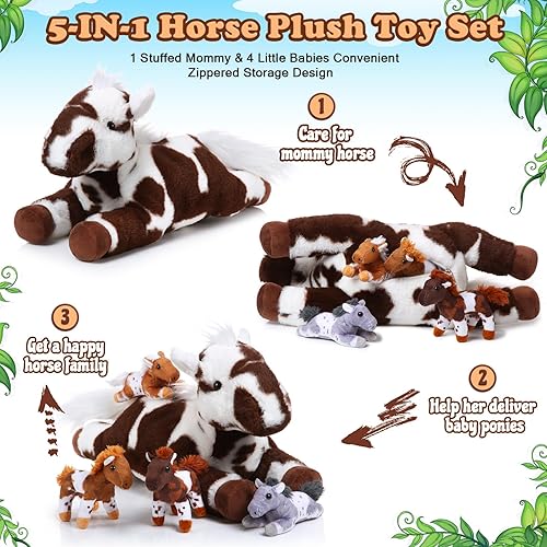 Miniatura 3 de Lenwen 5 piezas de animales de peluche de caballo de 18 pulgadas grande mamá caballo de peluche con 4 bebés en cremallera para nutrir el vientre