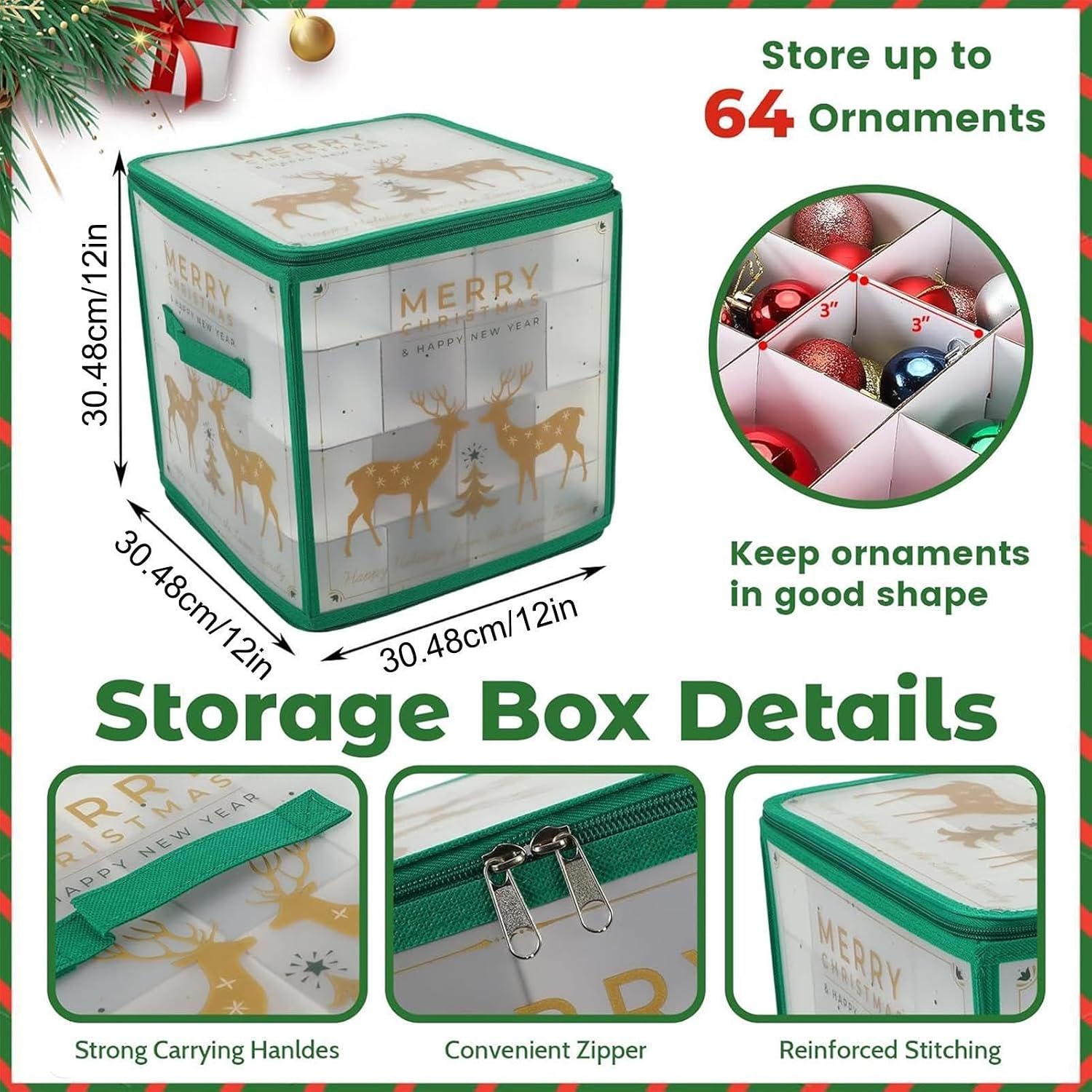 Christmas Decoration Box, 64 Grid Ornament Storage Container, Holiday Ball