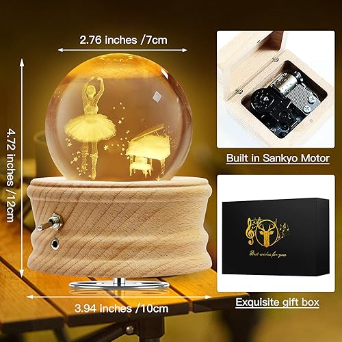 Miniatura 4 de Hwawhin Caja de música de bola de cristal 3D con luz LED de proyección y base de madera giratoria para Navidad, cumpleaños, día de San Valentín,