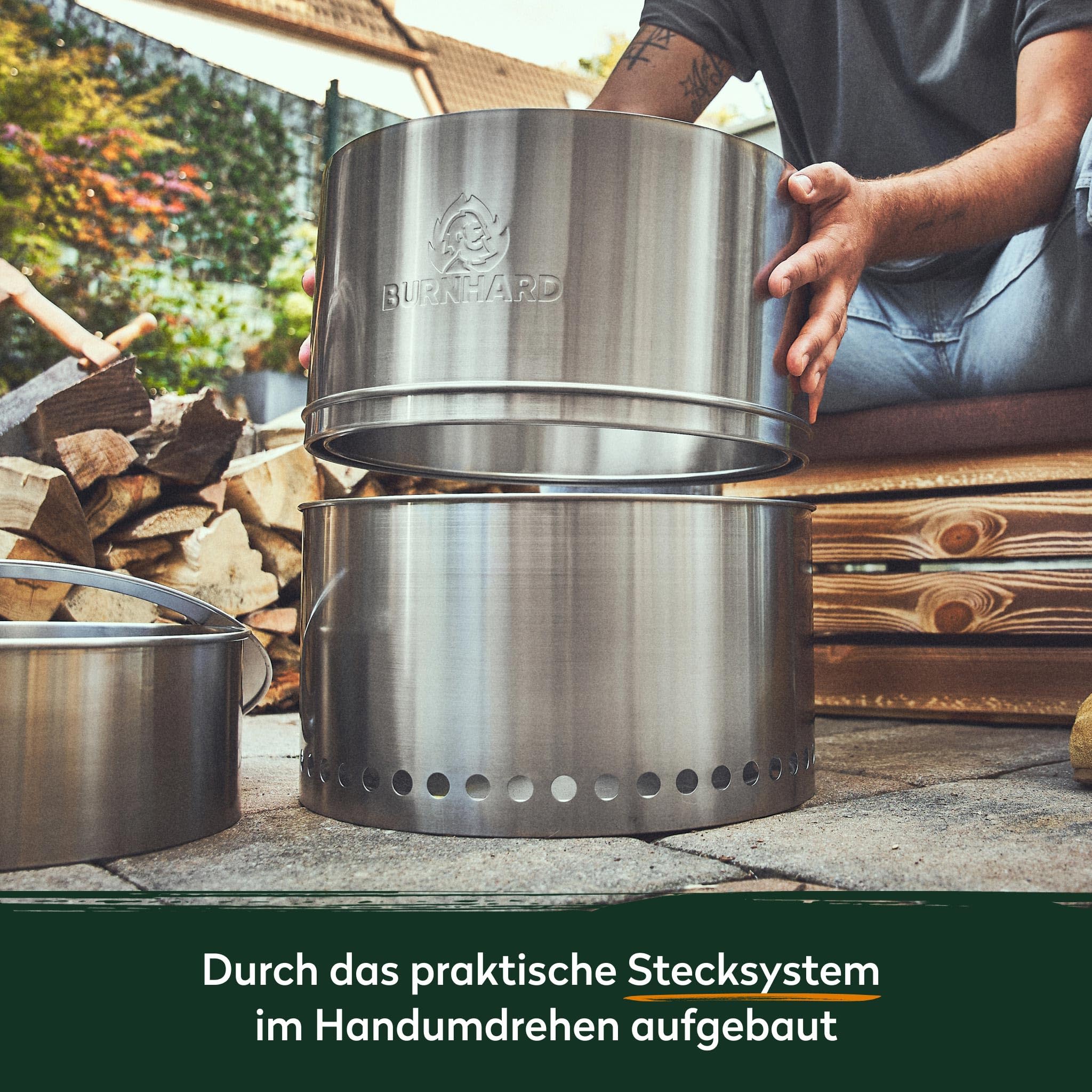 BURNHARD® Feuerschale Edelstahl 50 cm, inkl. Aufbewahrungstasche, Feuertonne, Feuerkorb, raucharme Sekundär-Verbrennung, langlebig & mobil für Garten, Terrasse & Balkon