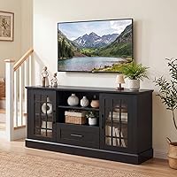Vista 4 de Tangkula Mueble de TV Estilo Granja para TV de hasta 70 Pulgadas, Mesa Consola de Medios Alta con 2 Puertas de Cristal, Centro de Entretenimiento