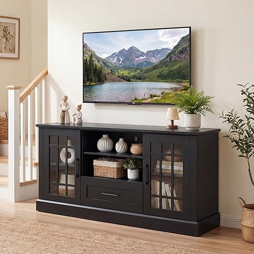 Miniatura 4 de Tangkula Mueble de TV Estilo Granja para TV de hasta 70 Pulgadas, Mesa Consola de Medios Alta con 2 Puertas de Cristal, Centro de Entretenimiento