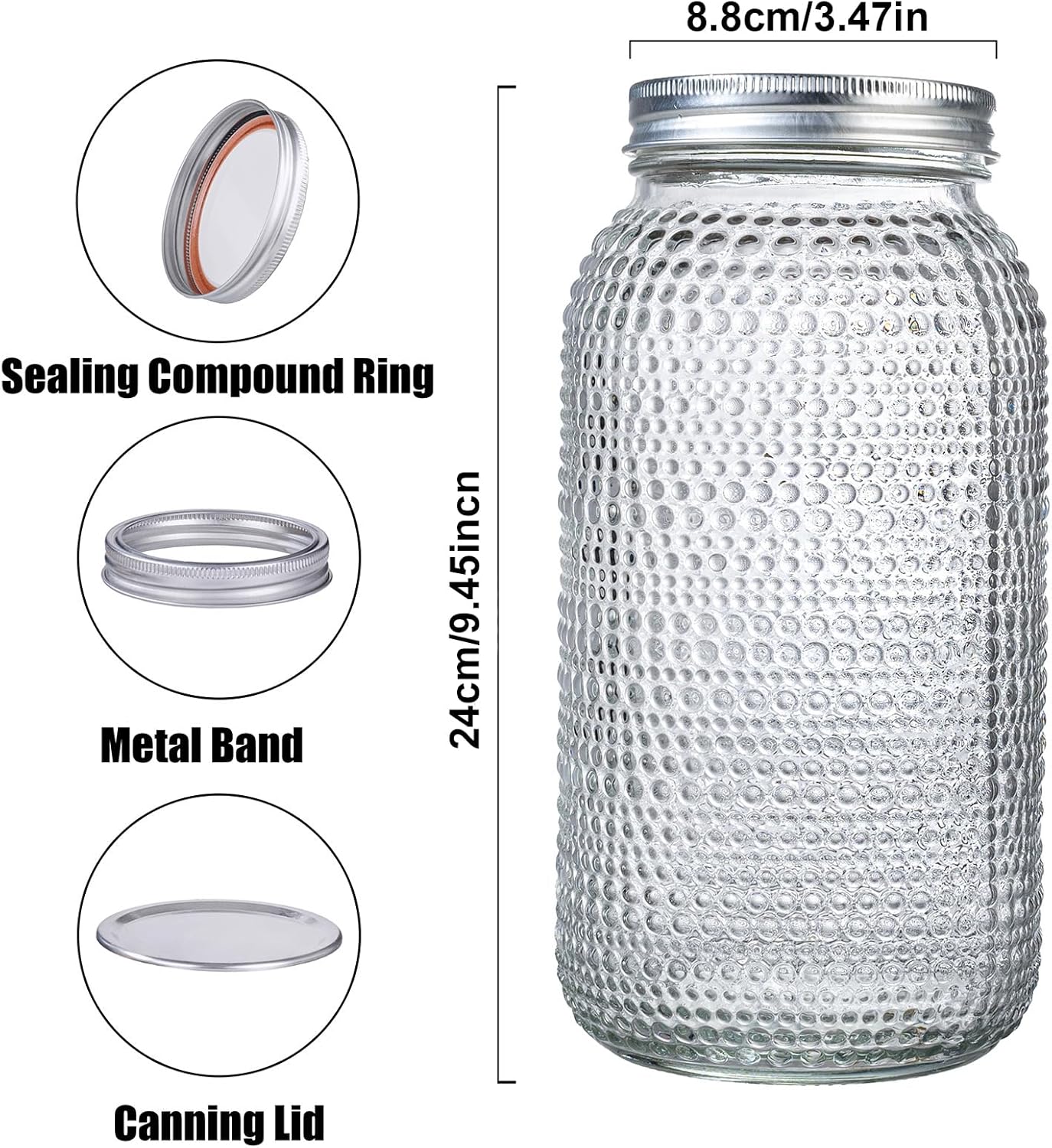 WELLIFE 3 Pack 64 oz Half Gallon Mason Jars, Wide Mouth Glass Jars with Airtight BPA-Free Lids, Raised Dot Texture Large Jars for Canning, Pickling, Fermenting & Food Storage Clear Dot Mason Jars 64oz-3Pcs