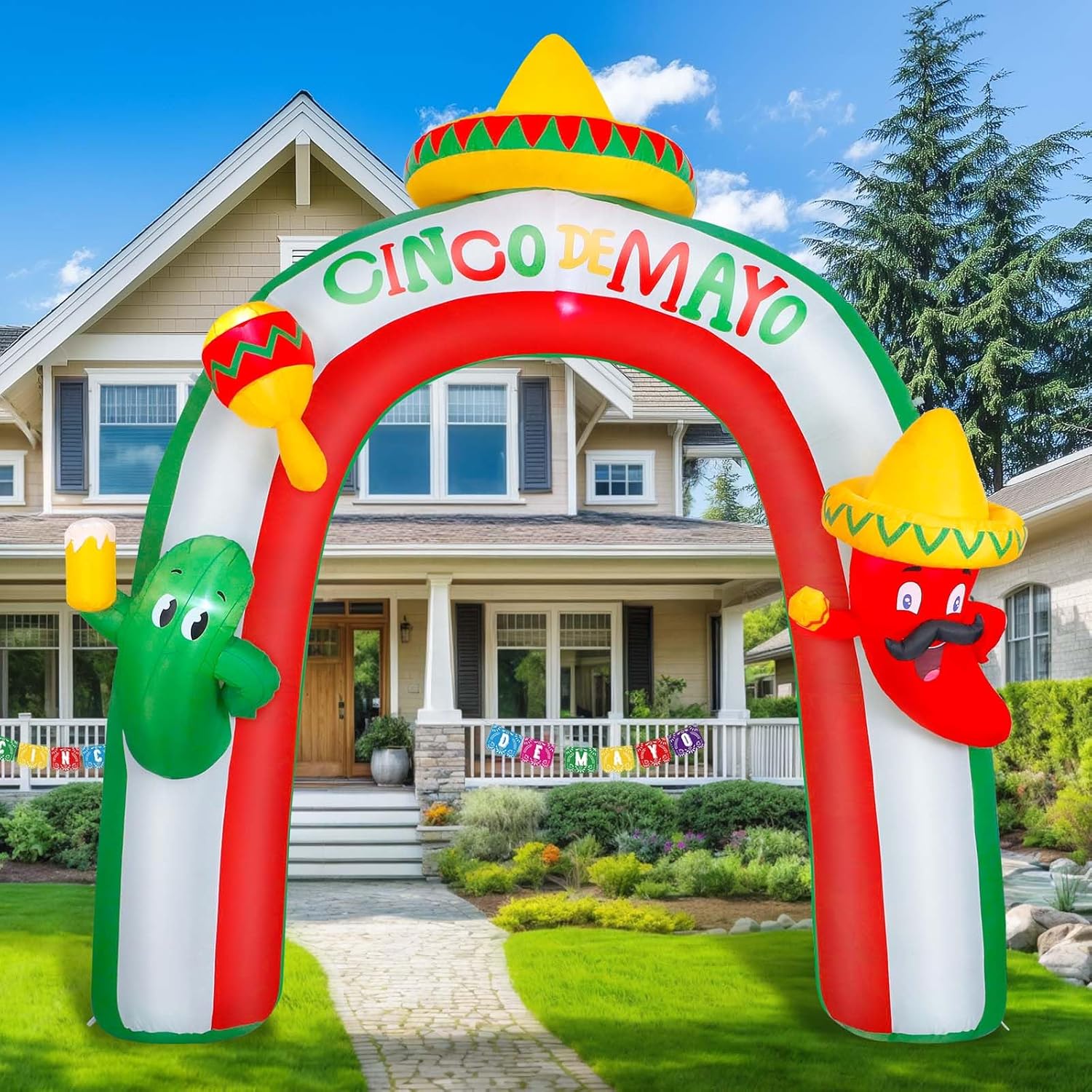 10FT Cinco De Mayo Inflatable Archway Outdoor Decoration, Blow-Up Entryway with Taco Sombrero, Maracas, Cactus & Chili Pepper, 5 LED Lights, Mexican Fiesta Party Yard Décor for Lawn & Garden