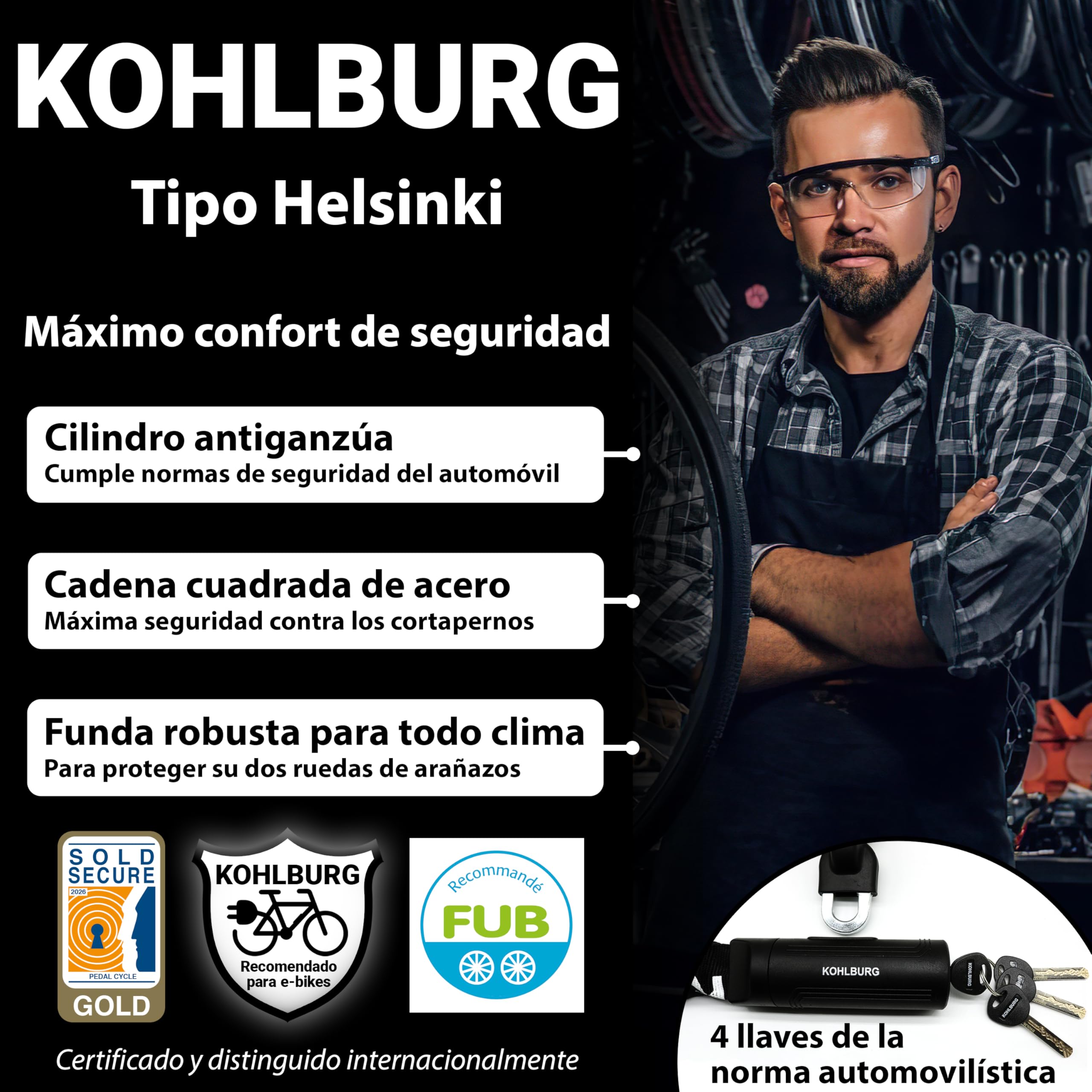 KOHLBURG antirrobo de cadena de seguridad – Cadena de 125 cm con eslabones cuadrados de 8,3 mm, acero especial endurecido – candado seguro con 4 llaves, apto para bicicletas eléctricas, bicis y motos