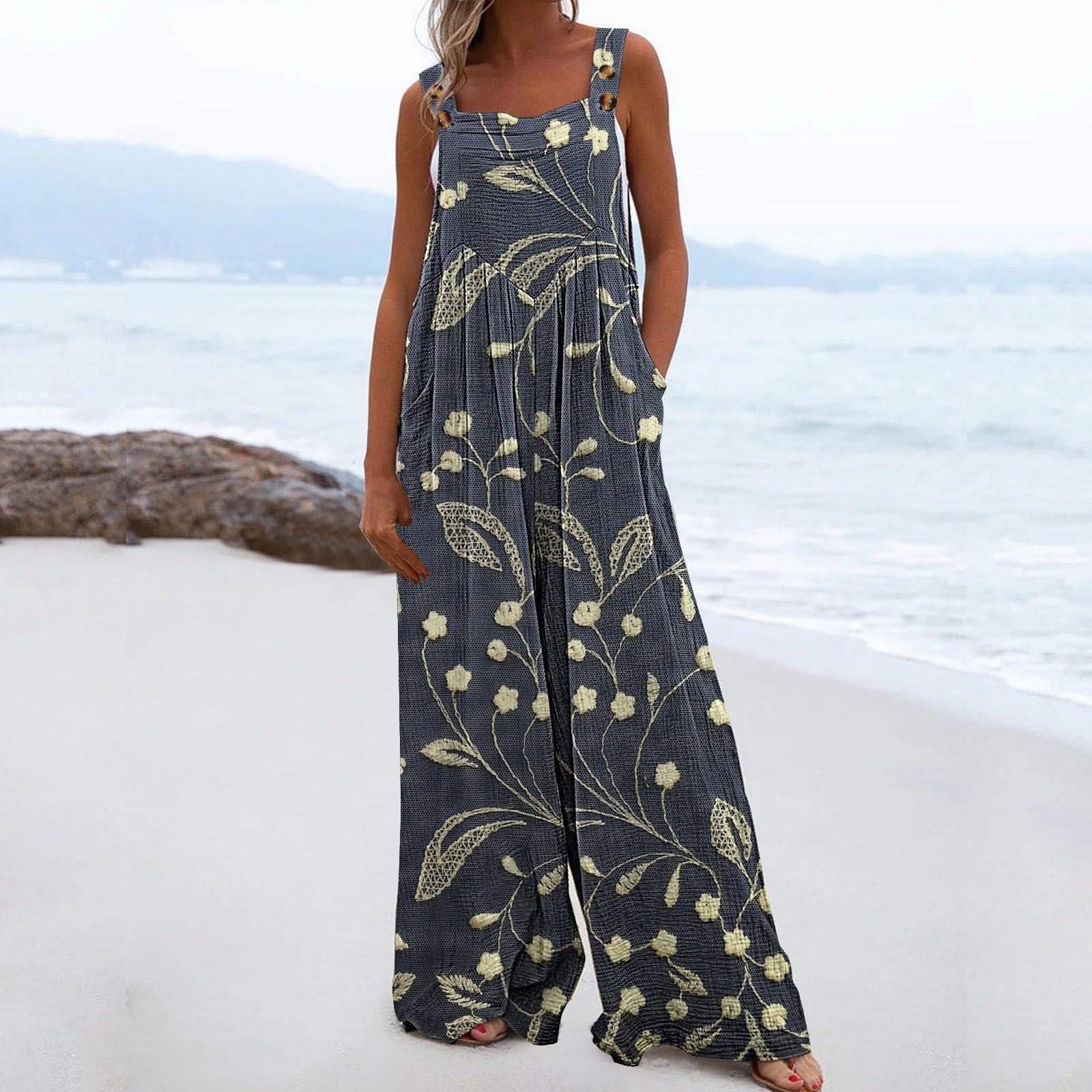 Salopette estive da donna, leggera, vintage, boho, con tasche | Pagliaccetto a gamba larga, con stampa floreale, stile casual, senza maniche, per vacanze e tempo libero