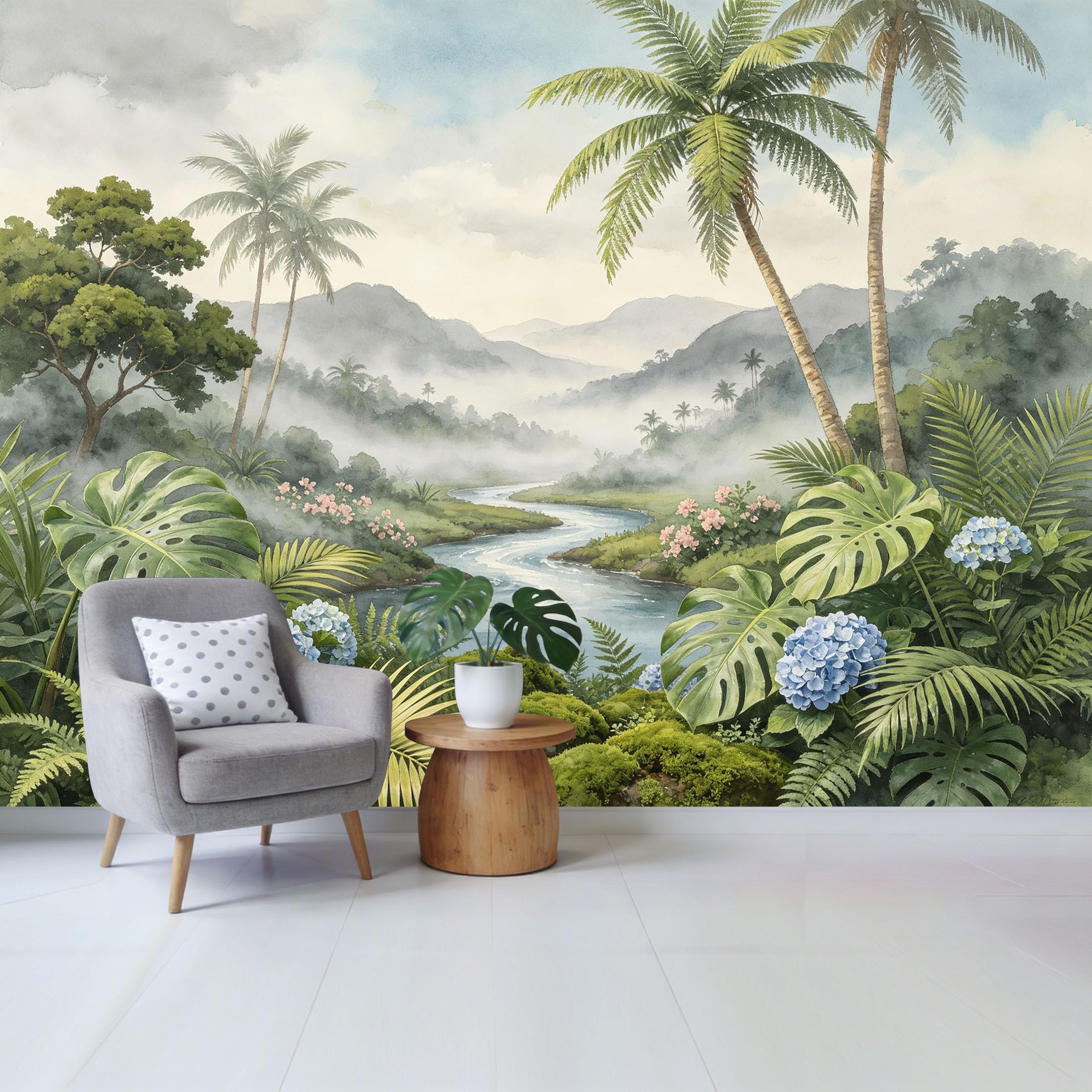 Custom Size Wall Mural， Watercolor Tropical Jungle Palm River Mountain Landscape Removable Self Adhesive Fabric，Home Wall Decor for Living Room Bedroom Bathroom