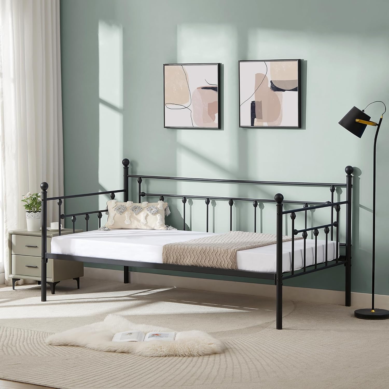 VECELO Twin Size Daybed Frame Metal Steel Slat Support with Headboard Sofa Bed Platform for Living Room, Guest Room, Easy Assembly, Black
