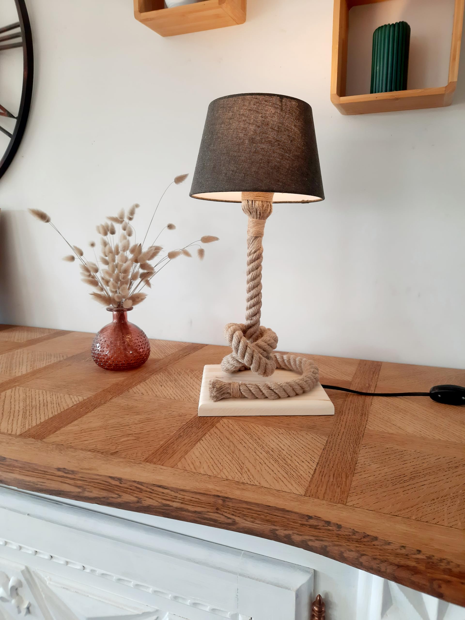 Lampada da tavolo - lampada da comodino in legno e corda - lampadina LED in omaggio