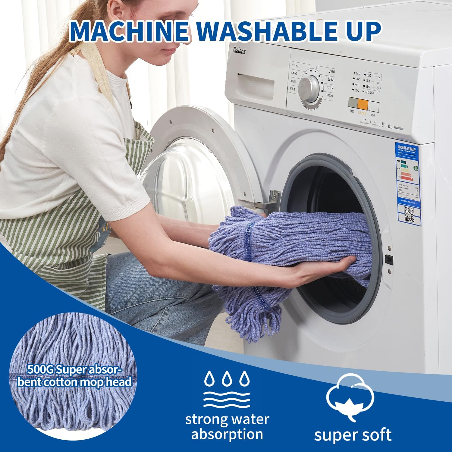 Heavy Duty Loop End String Mop, 67Inch Stainless Steel Handle, Commercial Industrial Grade Mop for Floor Cleaning, 2 Packs