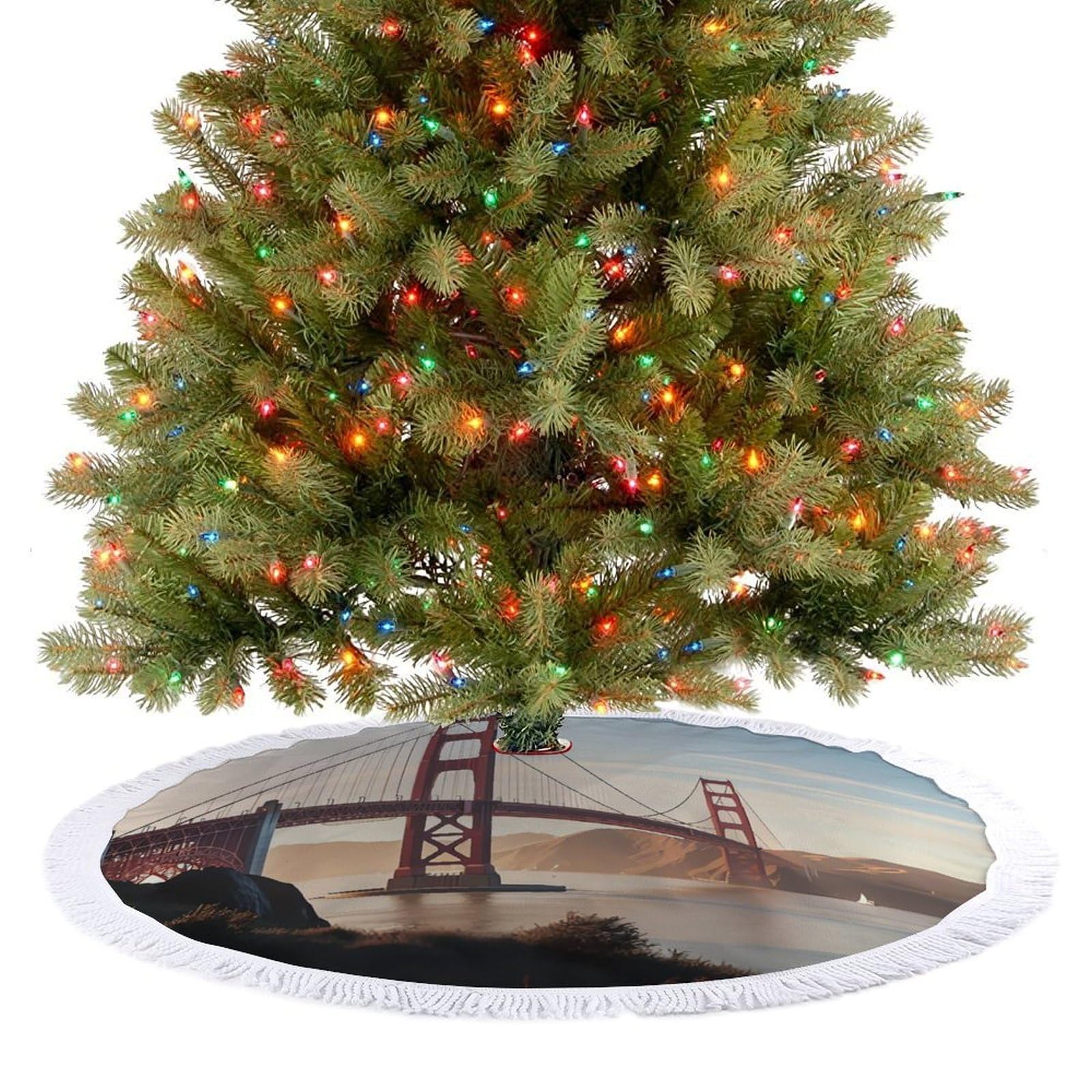 Golden Gate Bridge Christmas Tree Skirt 48"x48" Rustic Xmas Tree Mat with Tassel Ornament Christmas Trees Cover Skirt Mat for Evergreen Trees Ornament Winter Holiday Mats Decorations