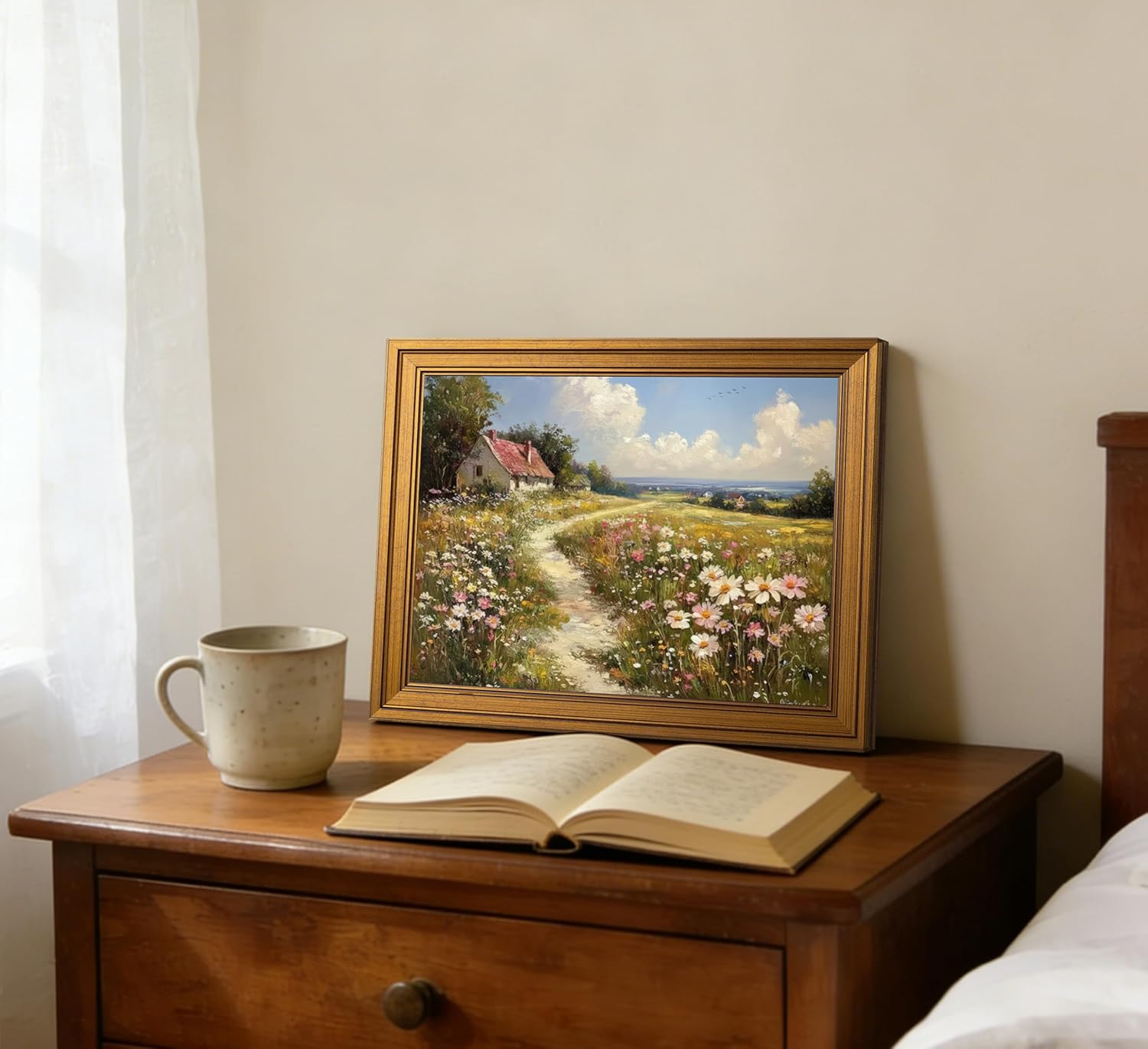 Gold Framed Vintage Wildflower Field Canvas Wall Art, Country Nature Landscape Flower Painting Picture Wall Decor for Living Room Bedroom Bathroom Home Decoration
