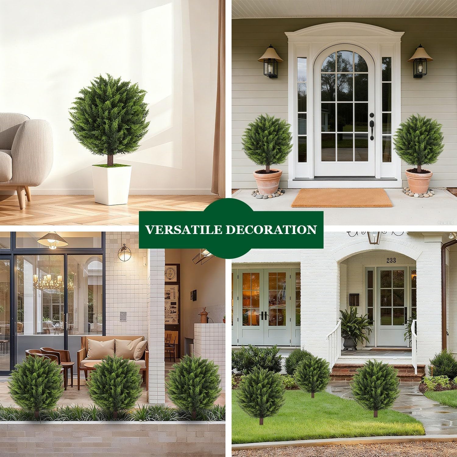 24 ”Artificial Cedar Topiary Trees with Ground Spike, Fake Pine Shrubs Bushes, UV Resistant Faux Evergreen Cypress Tree Plants for Indoor Outdoor Planters Front Porch 2 Pack