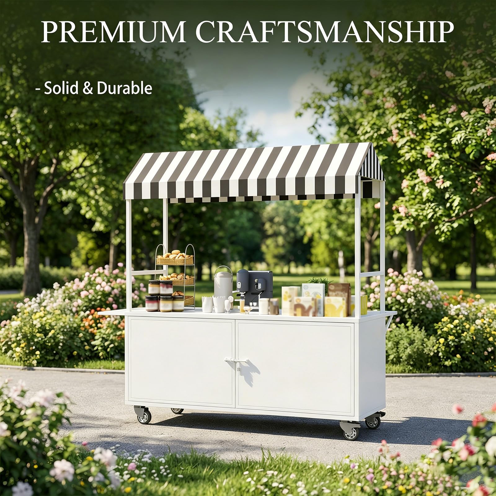 Carrello portatile per alimenti da esterno con tettuccio, carrello mobile per vendite di alimenti, carrello con ruote (design aperto blu, 120 x 90 x 210 cm), ideale per festival ed eventi