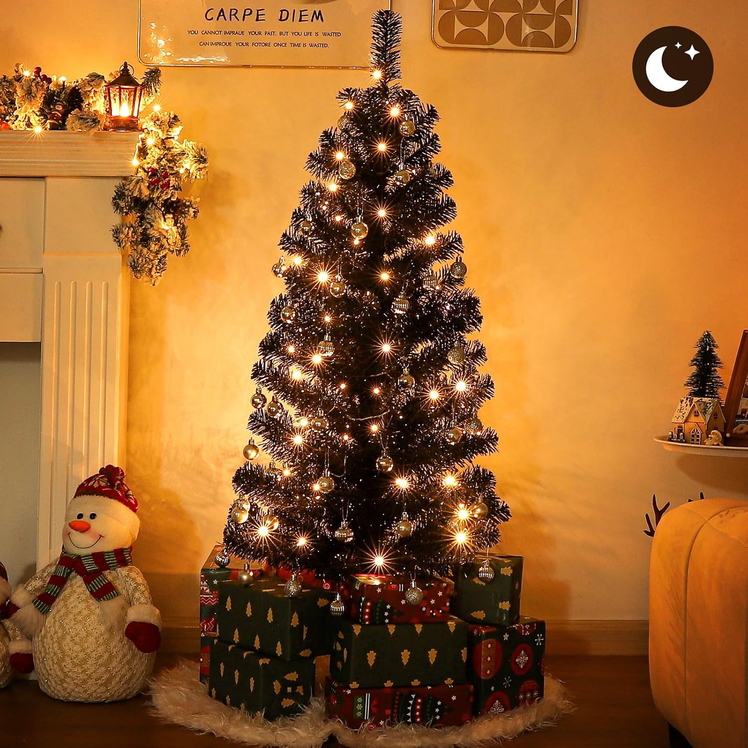 Decoway Pre-Lit Artificial Christmas Tree, 4ft Slim Black Tinsel Christmas Tree with Warm White LEDs, Battery Operated - Includes Stand, Fire Retardant PVC for Small Spaces, Home Indoor Decoration