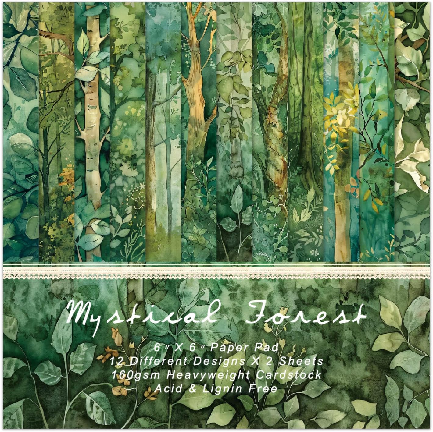 Green Scrapbook Paper Pad 6 x 6 in- 24 Sheets Forest Patterned Designed Tree Decorative Decoupage Folded Card Material Gift Wrapping Planners Junk Journal DIY Crafts Photo Album