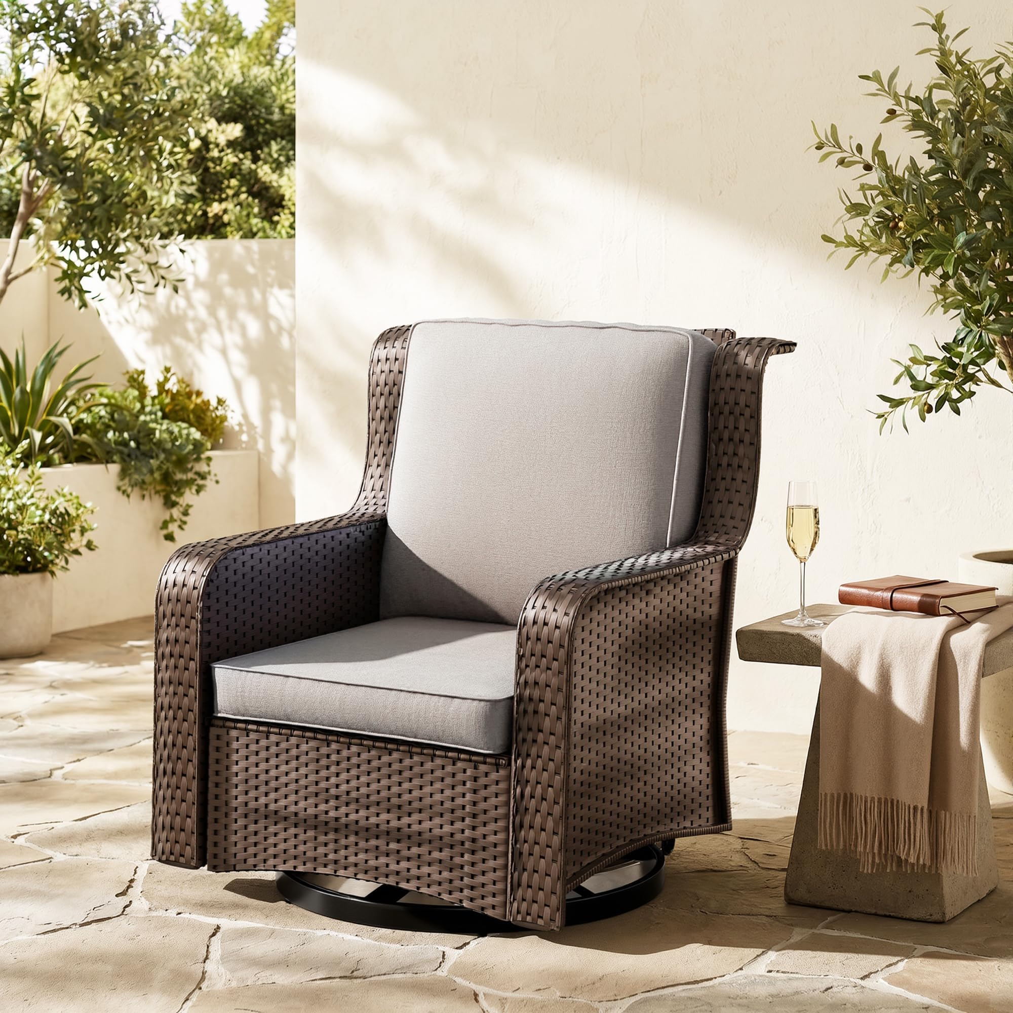 Balcony Furniture 1 Piece Patio Conversation Set, PE Wicker Rattan Outdoor Swivel Rocking Chairs with Soft Cushions for Porch, Lawn-Brown Wicker/Beige Cushion