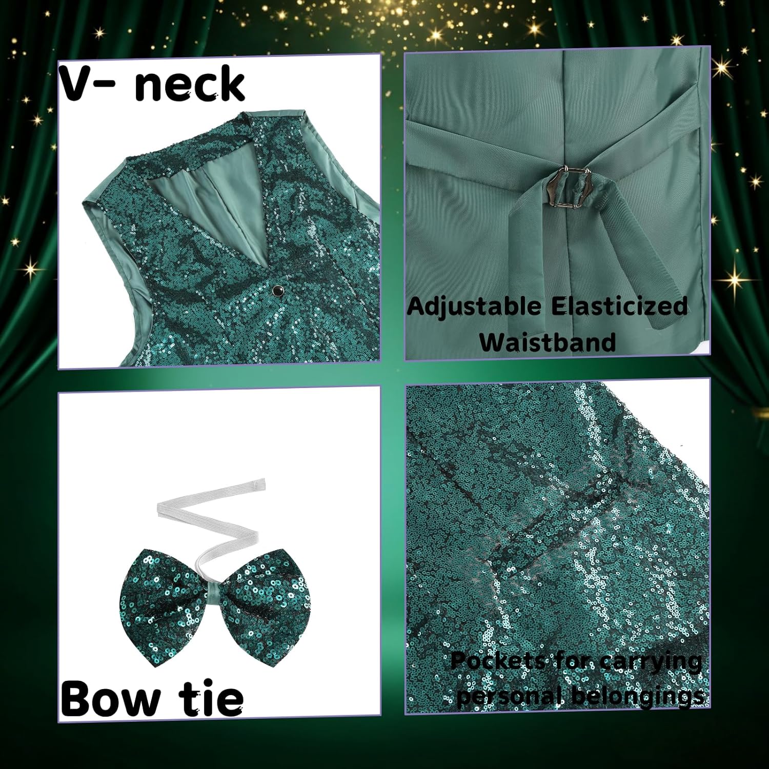 Sequin Suit Tuxedo Vest Men with Bows Ties, Formal Daily Disco Party