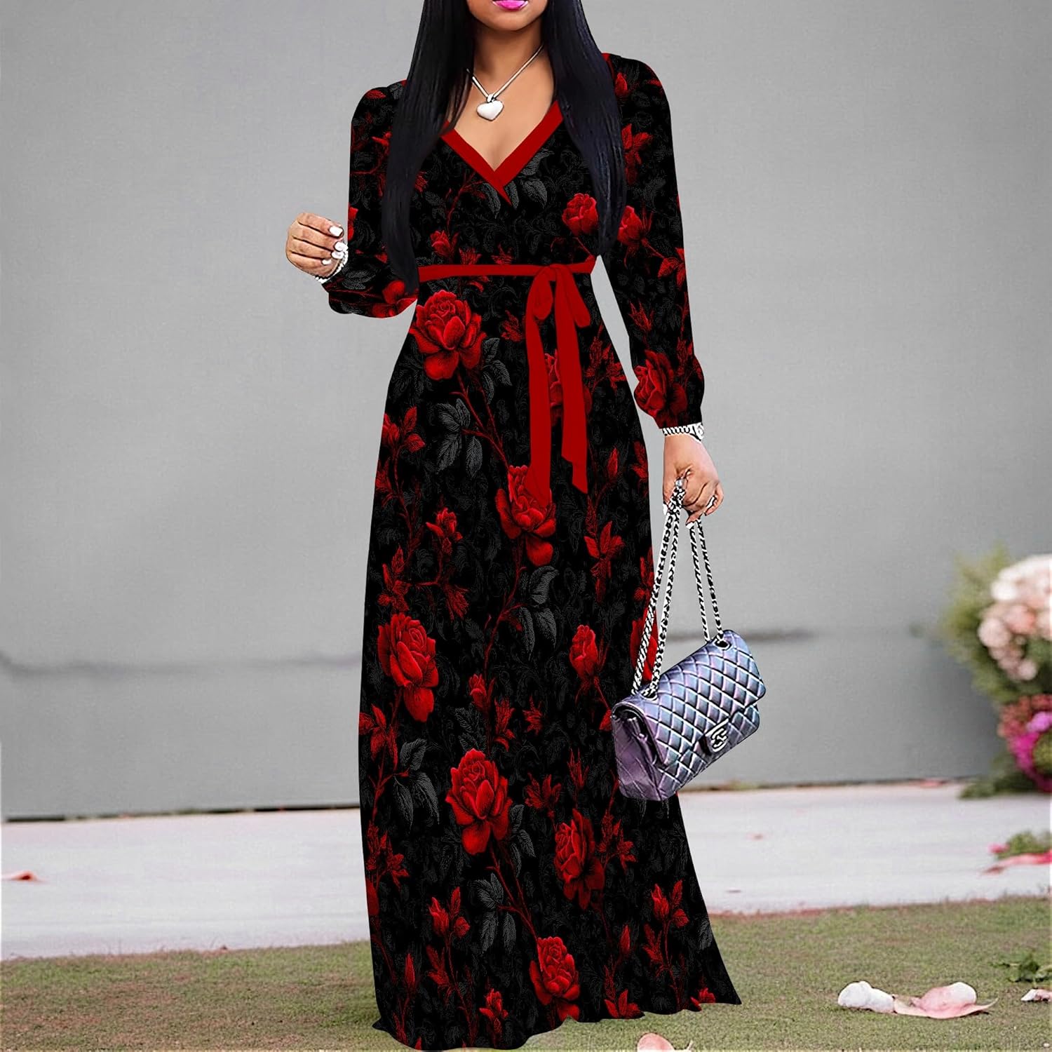 PinkPatty Women's Long Sleeve Maxi Dress Plus Size Casual V Neck Wrap Dress with Pockets&Belt S - Image 3