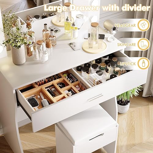 Vista 15 de Juego de tocador con espejo iluminado, mesa con cajón grande y taburete acolchado con almacenamiento adicional, color negro, para mujeres y niñas