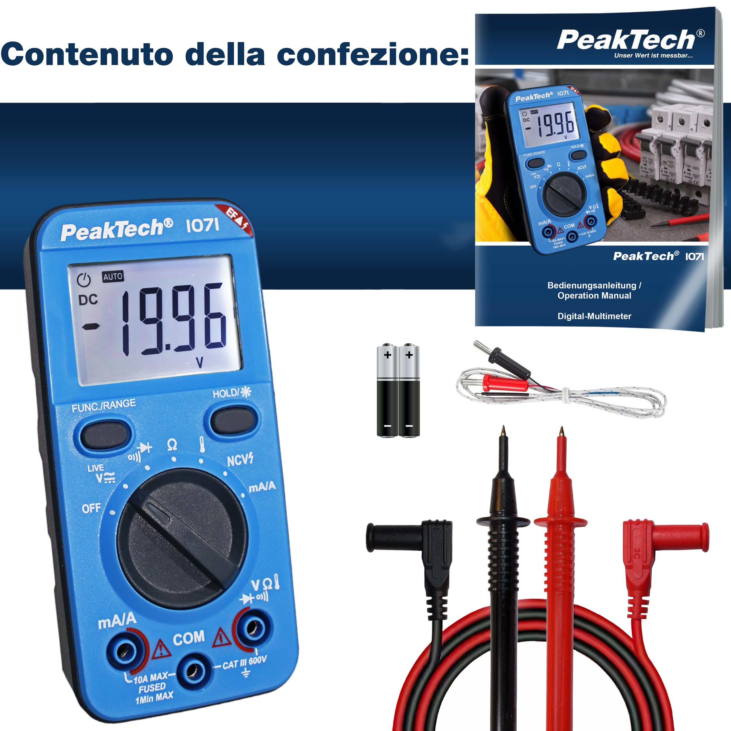 PeakTech P1071 - Multimetro digitale 10A AC/DC con funzione Auto-Range - Multimetro digitale di alta qualità con display LCD a 2.000 conteggi - Robusto amperometro fino a 600V - CAT III 600V