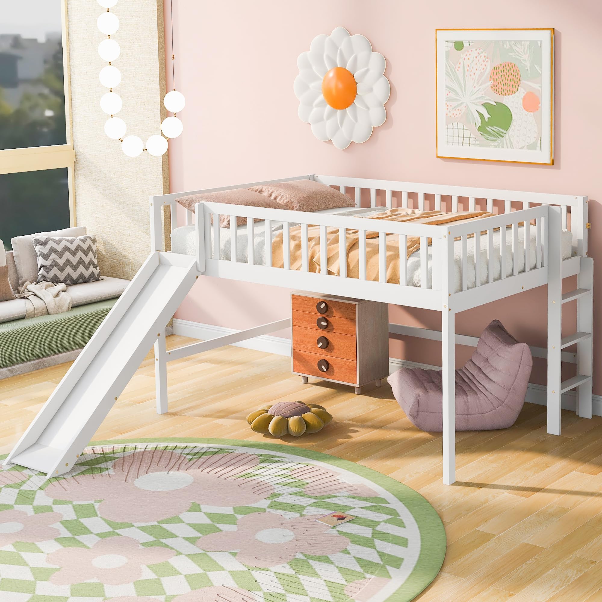 Bellemave Full Size Low Loft Bed with Slide, High Guardrail & Ladder,Loft beds with Safety Rails,Wooden Full Loft Bed Frame for Kids,Boys,Girls,No Box Spring Needed.(White)