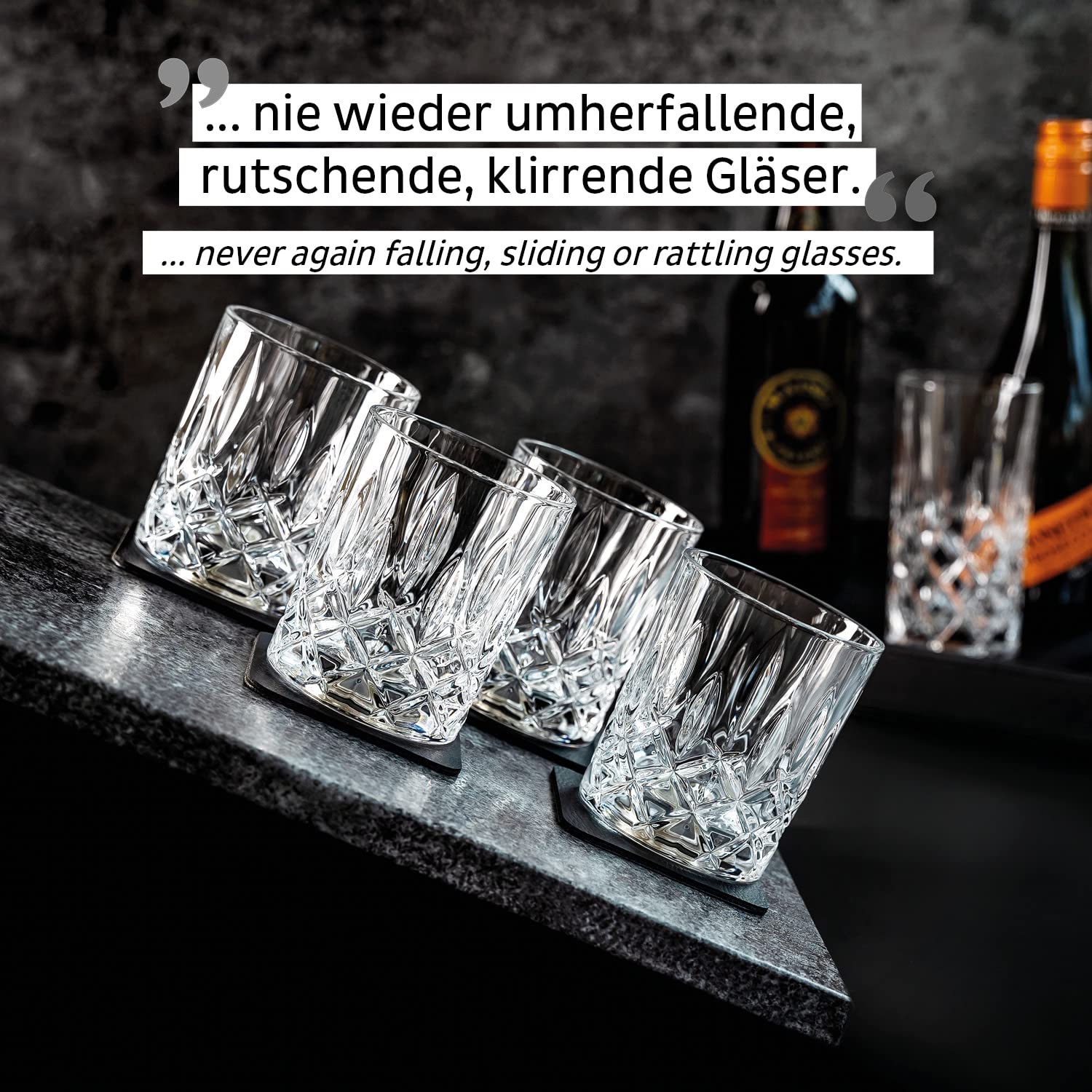 silwy® Juego de 4 vasos magnéticos de cristal para whisky, incluye cuatro almohadillas de gel de metal reutilizables, vasos magnéticos antideslizantes para camping, caravana y navegación