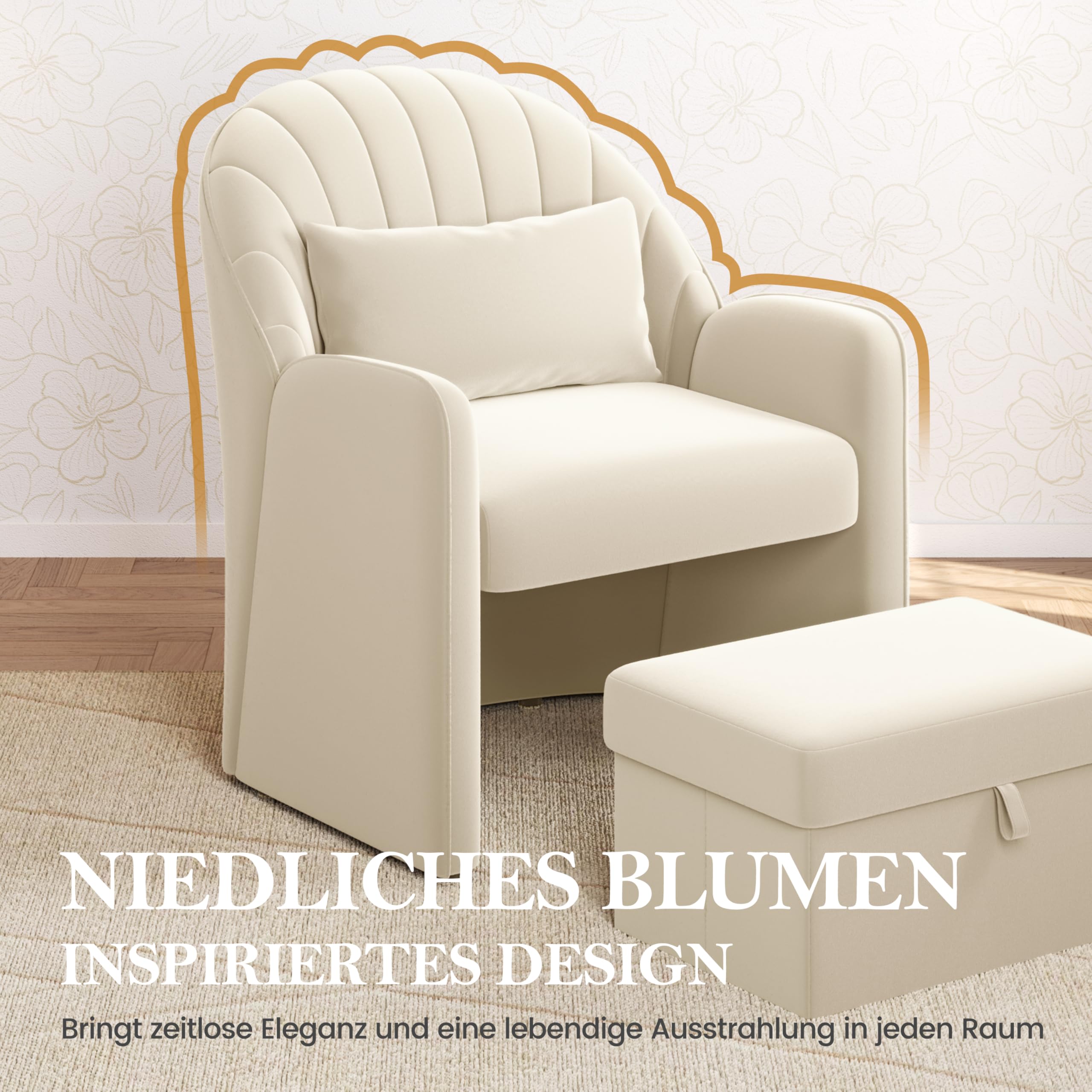 Yaheetech Sessel mit Hocker mit Stauraum, Bequemer Ohrensessel Wohnzimmer mit Rückenkissen, Relaxsessel Samt in Blütenblattform, Lounge Sessel für Büro/Schlafzimmer, Beige