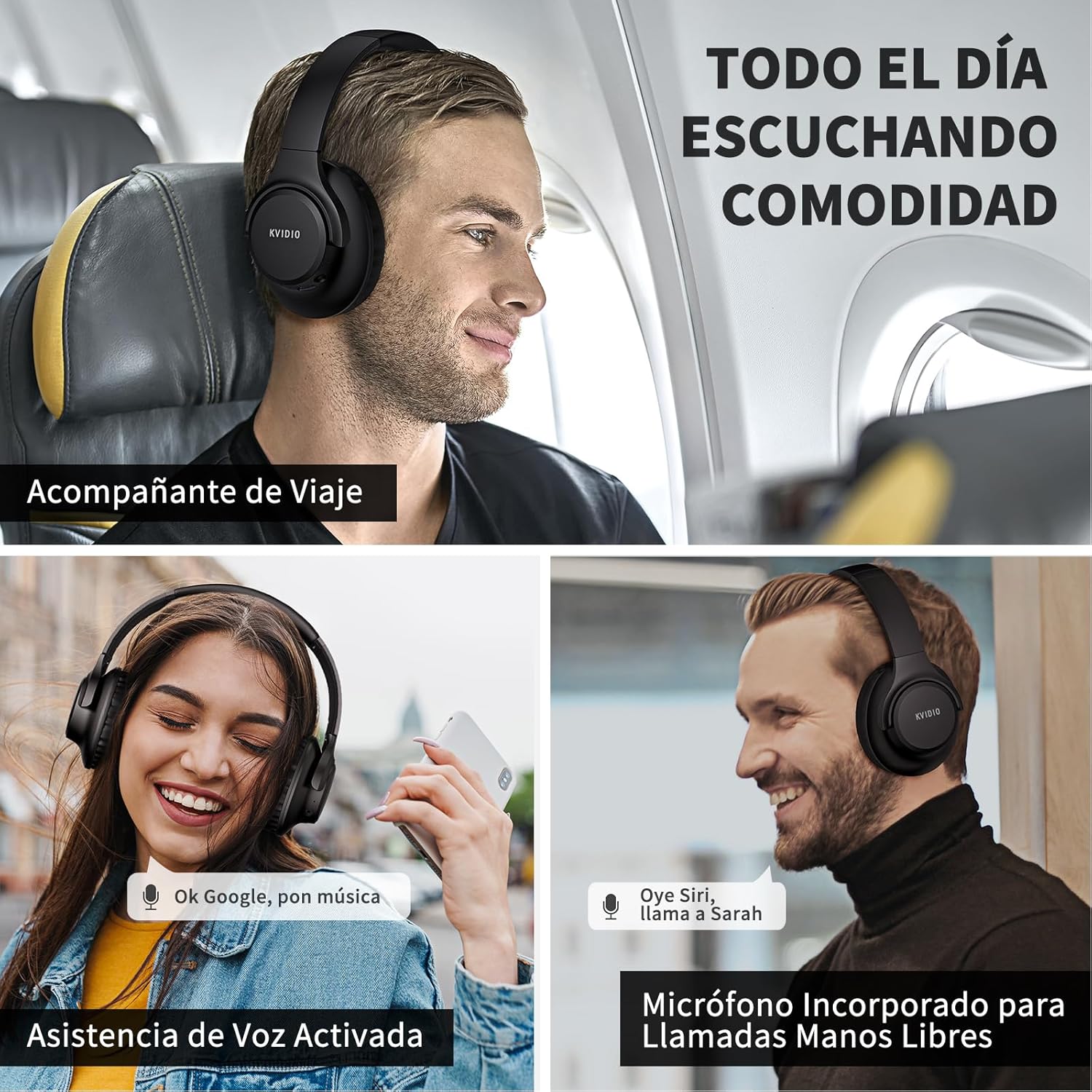KVIDIO Auriculares Supraaurales Inalámbricos, 65 Horas de Reproducción Auriculares Bluetooth, Cascos Ligeros Plegables con Micrófono, Graves Profundos (Negro) 6