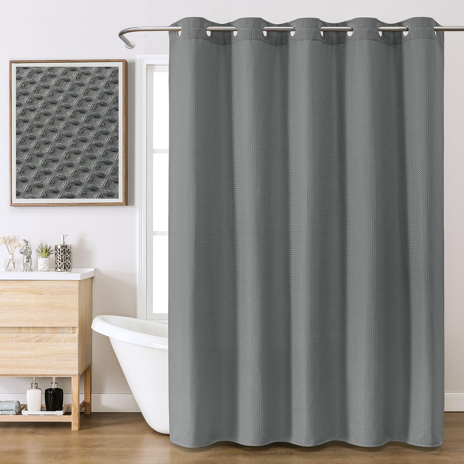 FY&XZH No Hook Waffle Shower Curtain with Laminated Waterproof Backing,Hotel Style Bath Curtain with Built-in Grommets, Machine Washable Thickened Fabric Shower Curtain for Bathroom,72W x 75H, Grey