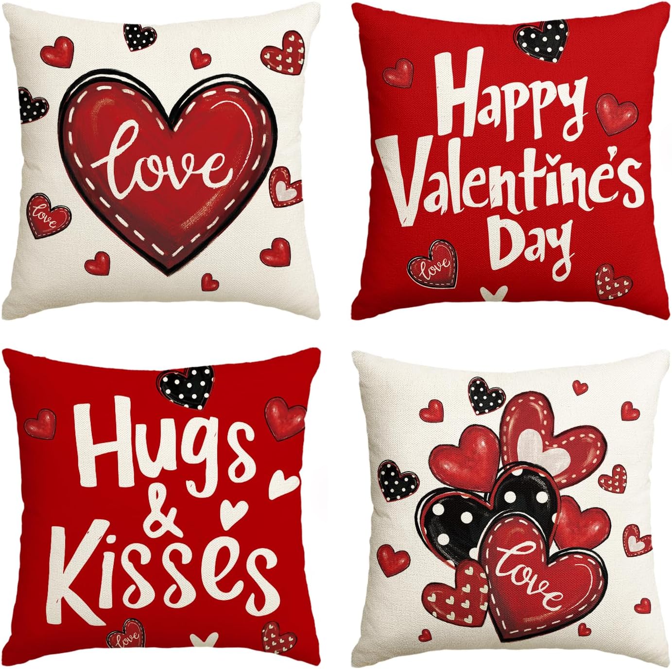 AVOIN colorlife Happy Valentine's Day Red and Black Heart Throw Pillow Covers, 18 x 18 Inch Hugs Kisses Love Anniversary Wedding Cushion Case Decoration for Sofa Couch Set of 4