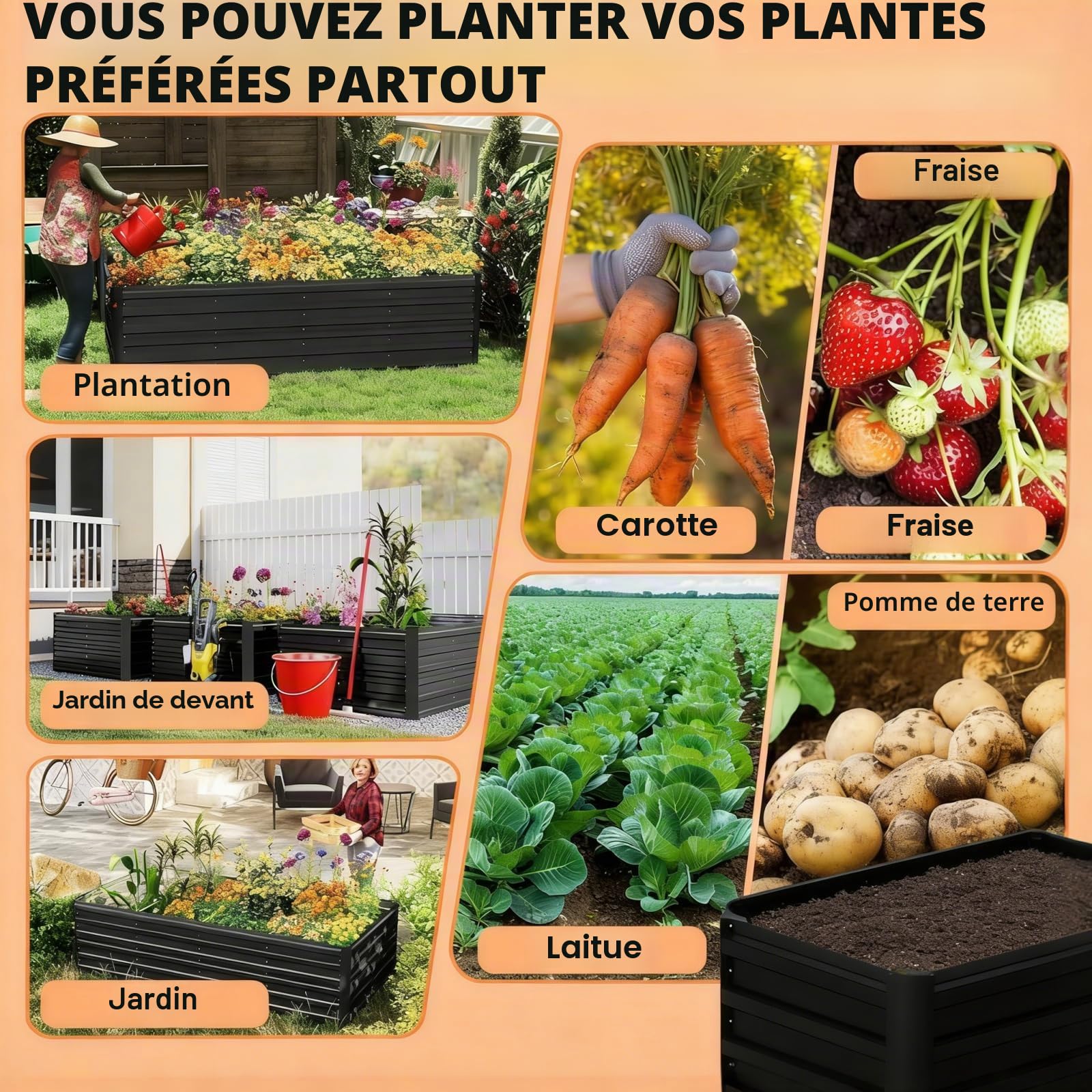 Potager Surélevé Métal 300x120x58cm, Lit de Jardin Fond Ouvert, Potager Surélevé Acier Galvanisé, Jardinière Extérieur Jardin Antirouille pour Culture Légumes Fleurs Herbes Aromatiques, Noir